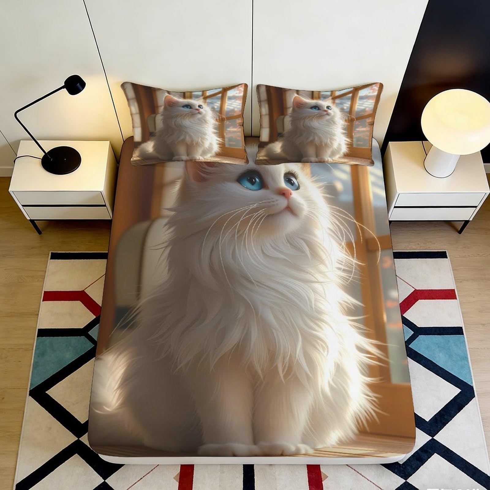 Jqzkxnhpbr Style-9 3D Printed White Cat Fitted Sheet Microfiber Soft Breathable Fluffy Kitten Mattress Cover For Bedroom Guest Room Decor 90X200x25cm