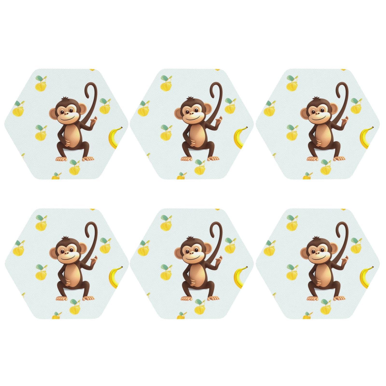6pcs Leather Coasters for Drinks, Monkey and Banana Drink Coasters for Tabletop Protection, 4" Cup Coasters for Coffee Table Decor, Non-Slip Drinking Cup Mat for Hot Or Cold Drink
