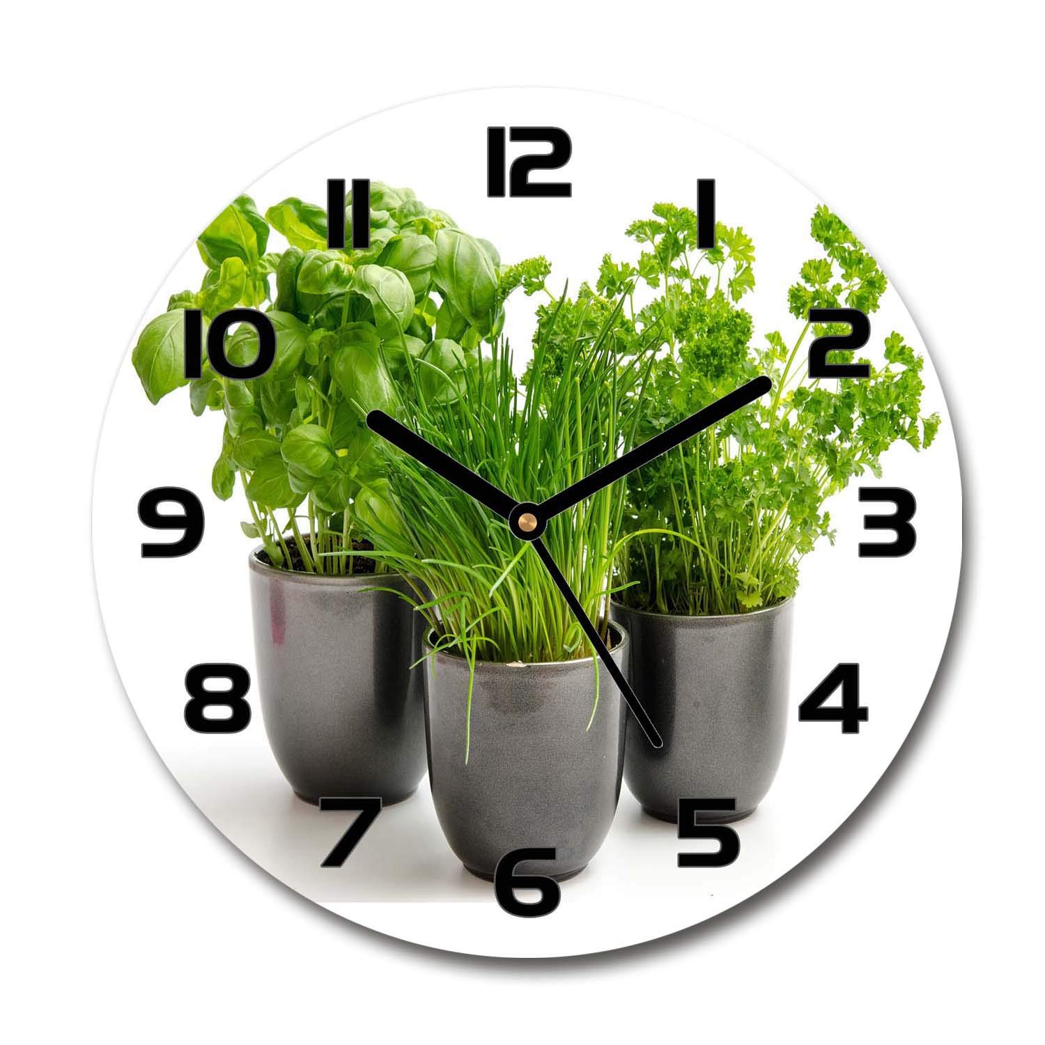 Horloge en verre rond 30cm Tulup pour salon avec motif herbes en pots et aiguilles noires