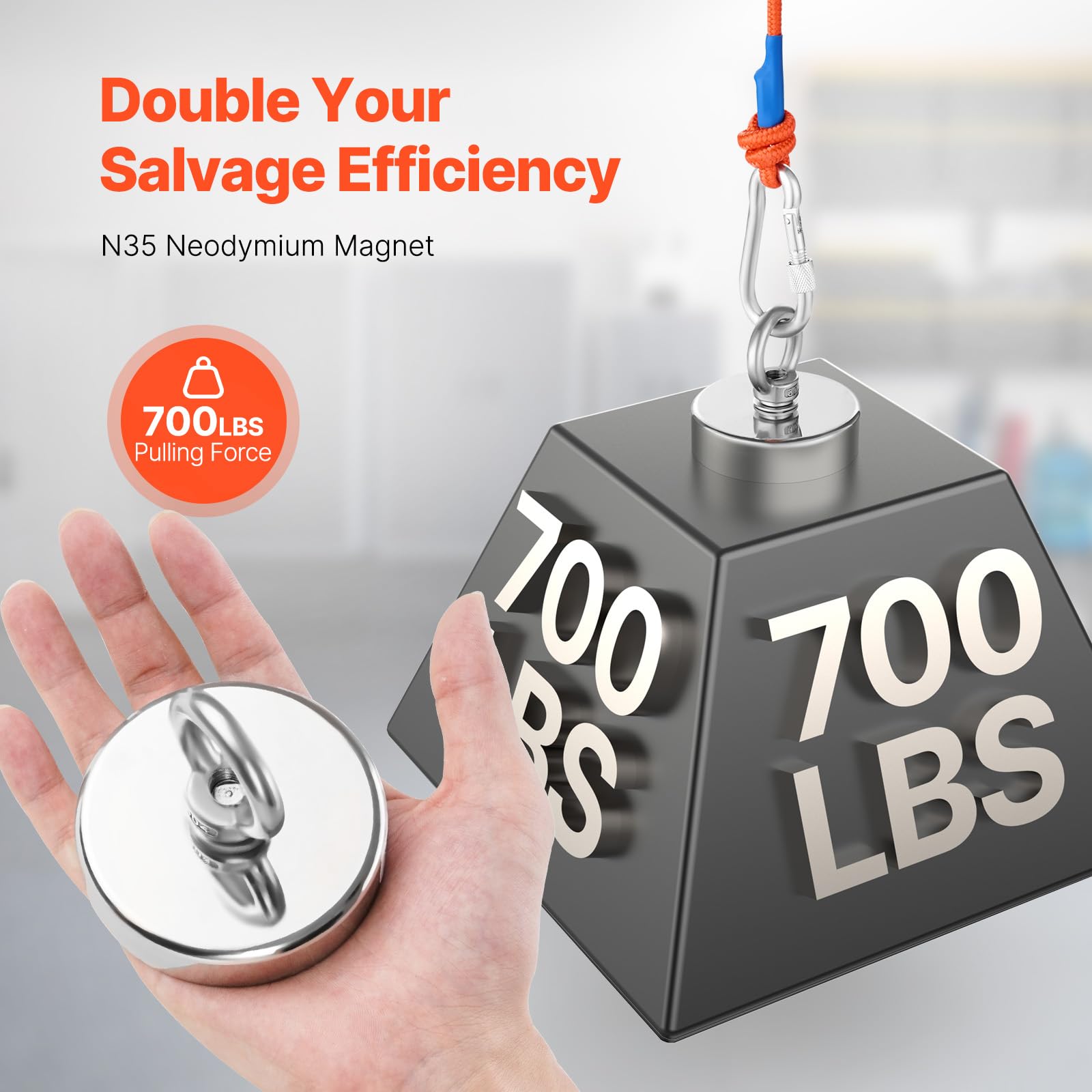 Happybuy Fishing Magnet with 700 LBS/318 Kg Pulling Force. Super Strong Neodymium Magnet for Retrieving in River. Rare Earth Magnet with 2.36 in/60 mm Handle Diameter. Ideal for Magnetic Fishing