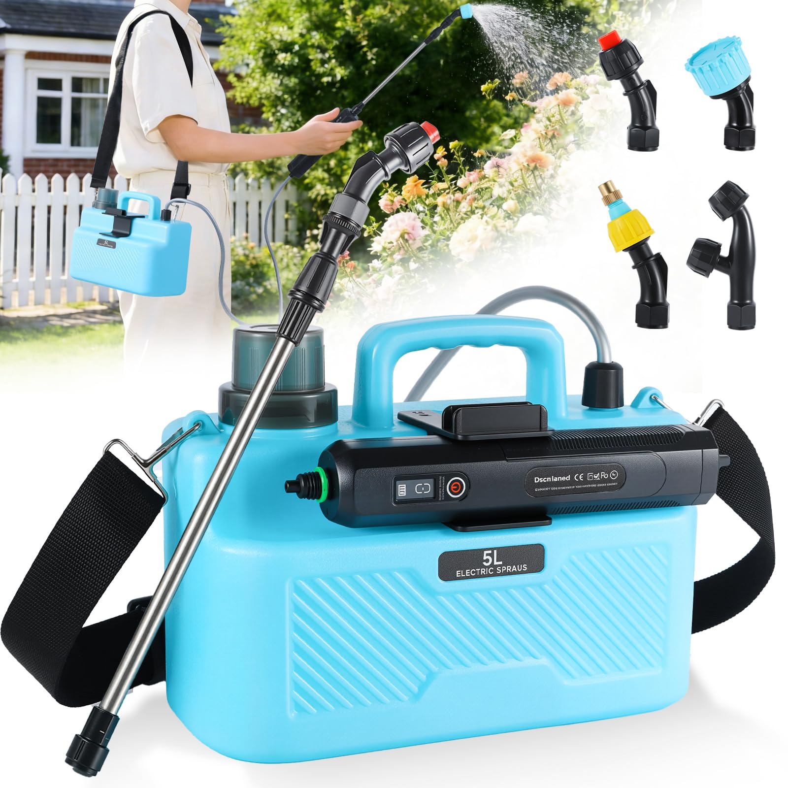 Photo 1 of 1.3 Gallon Battery Powered Garden Sprayer, 3.7V Electric Pump with 6 Spray Modes, 4 Nozzles, USB Rechargeable Handle, Retractable Wand & Adjustable Strap for Lawn Weed Care