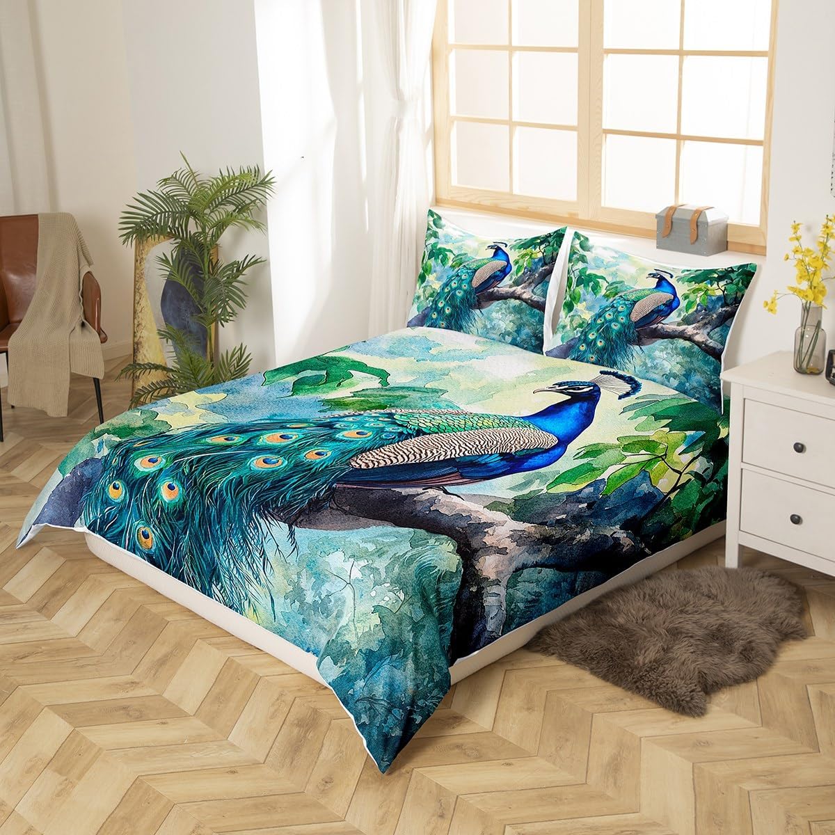 jejeloiu Peacock Duvet Cover King Size Kids Watercolor Flower Comforter Cover Set for Boys Girls Royal Peacock Bird Bedding Set Green Bedspread Cover Room Decorations Quilt Cover,No Stuffing