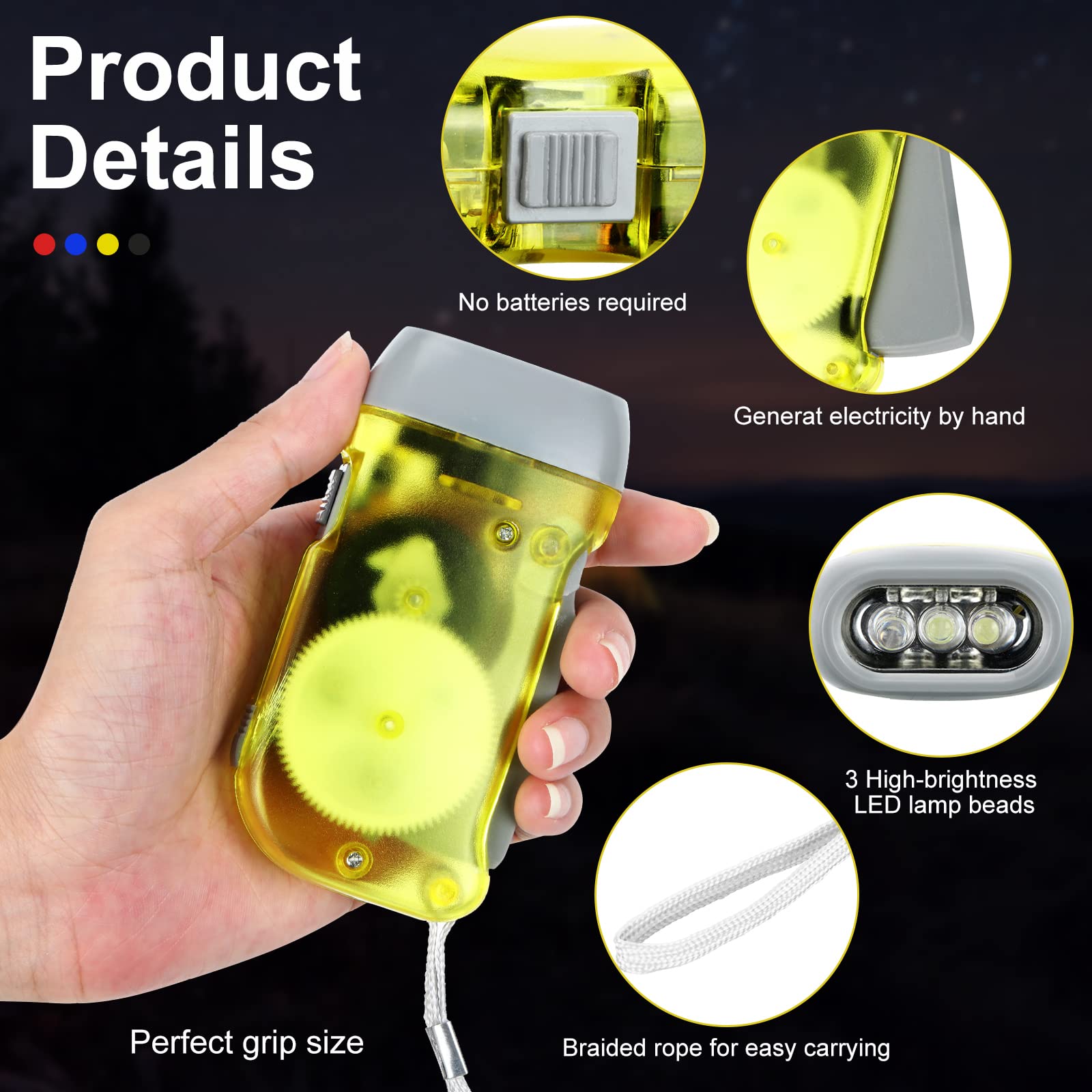 Leelosp 48 Stück Handkurbel-Taschenlampe, keine Batterie erforderlich, Taschenlampe, manuelles Drücken der Taschenlampe, 3 LED-Leuchten, für Camping, Stromausfall, Notfall-Sicherheitswerkzeug