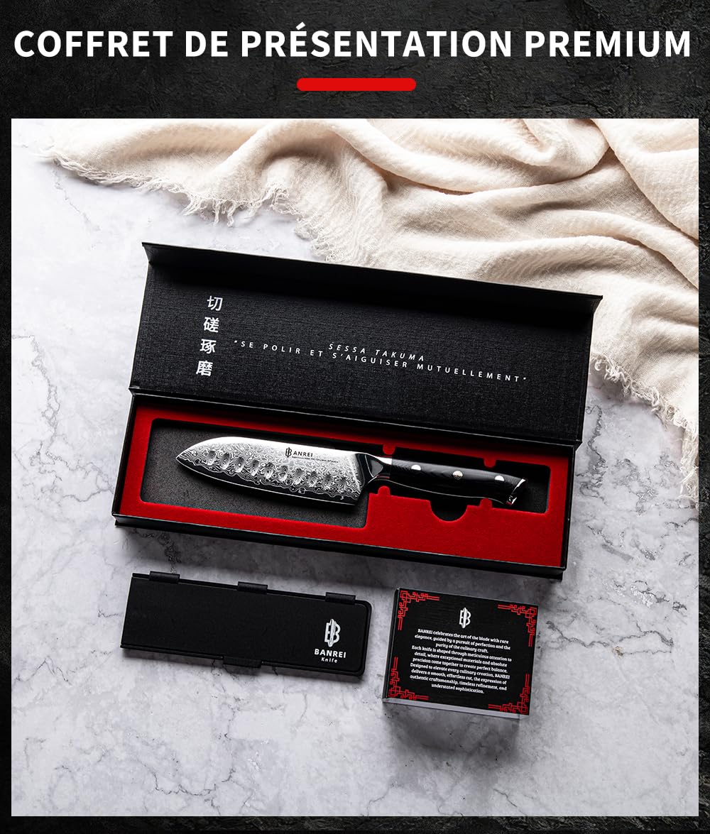 Couteau Santoku Japonais 13cm – Lame Brut de Forge – Acier Damas 67 Couches 10Cr15CoMoV 62HRC – Couteau Cuisine Ultra-Tranchant – Manche G10 Noir & Coffret Cadeau Premium