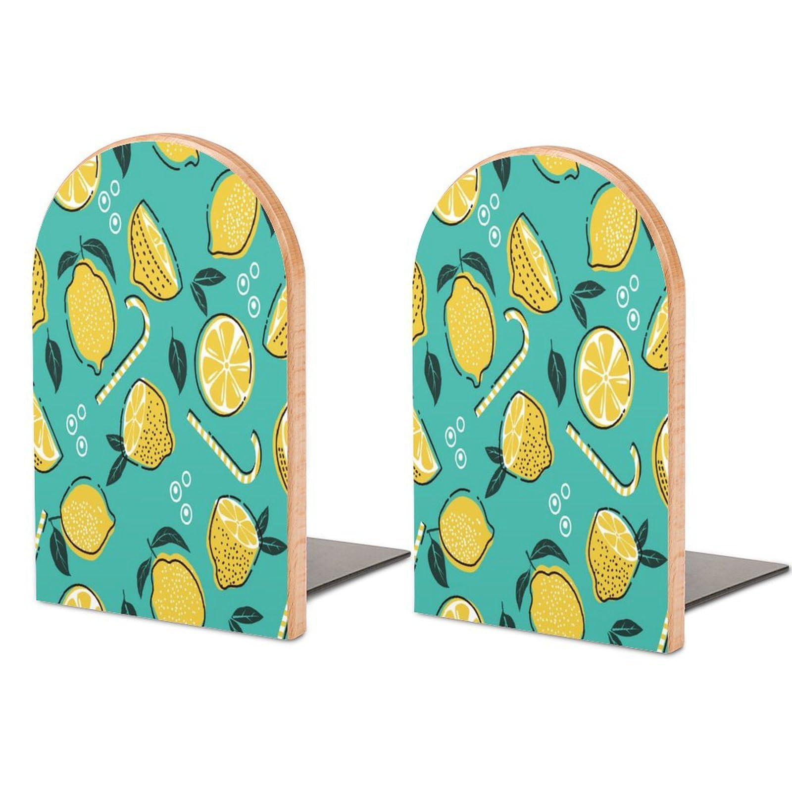 Seamless Lemon Pattern Background Beech Wood Bookends Heavy Duty Book Organizers Desktop File Holder for Office Home Bookshelf