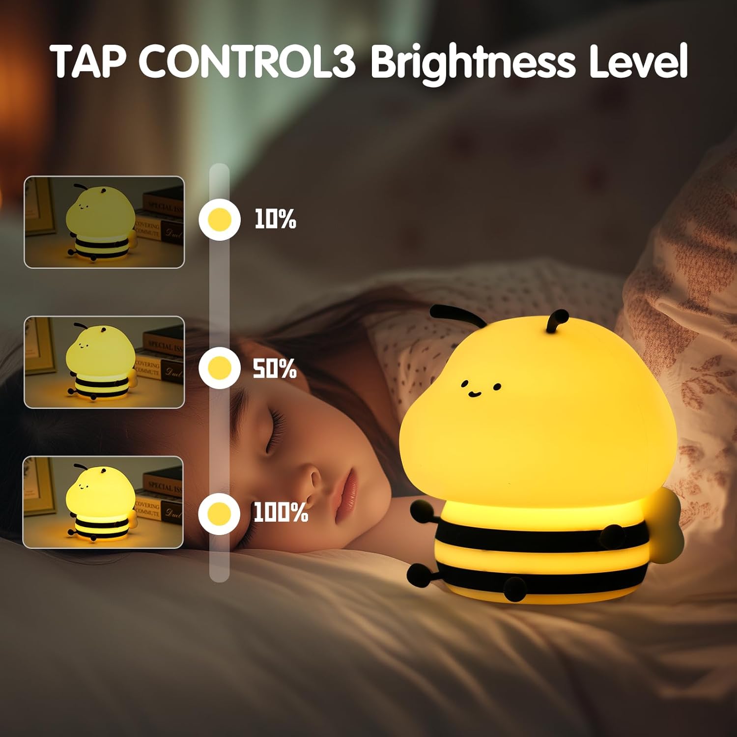 Bee Night Light for Kids,Cute Squishy Silicone Nursery Night Lamp Kawaii Animal Bedside Nightlight with 7 Colors 3 Levels Dimmable Tap Control Rechargeable Nightlights for Kids, Room Decor