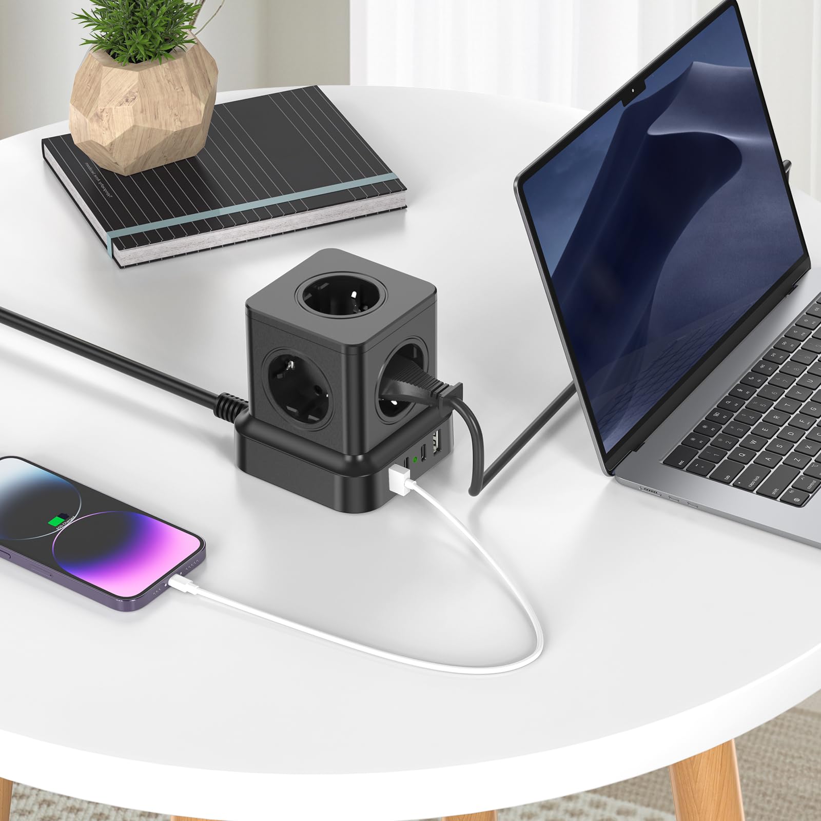 Kostka z 4 gniazdami USB, 5-krotna z pojedynczym przełącznikiem, przedłużacz 1,8 m, ochrona przed przepięciem, do biura, domu, w podróży, kolor czarny