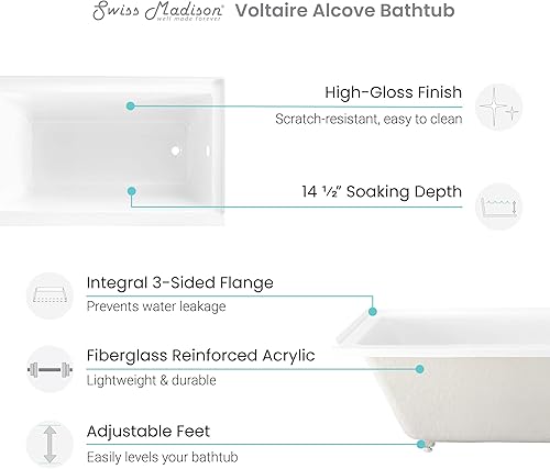 Miniatura 84 de Swiss Madison Well Made Forever SM-DB561 Voltaire - Bañera acrílica de drenaje para zurdos de 48 x 32 pulgadas, 48 x 32 pulgadas, color blanco