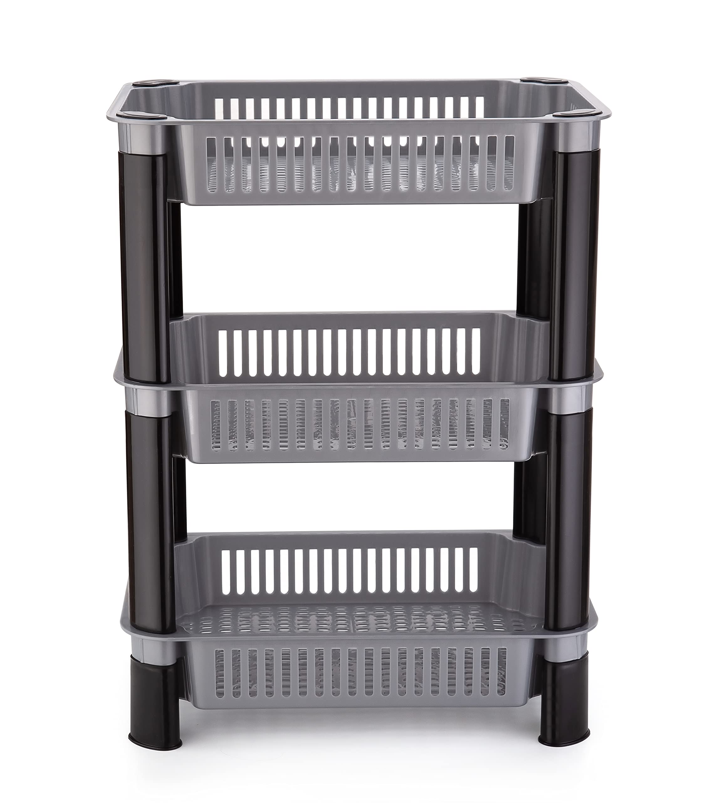 DeV Enterprise Rack Premium Plastic 3 Steps Kitchen Stand Rack Basket for Office Use, Fruits Onion, Potato, Vegetables and Sabaji Basket Vegetable Stand (Round 3 Tier Rack, Color Grey), Step Shelf