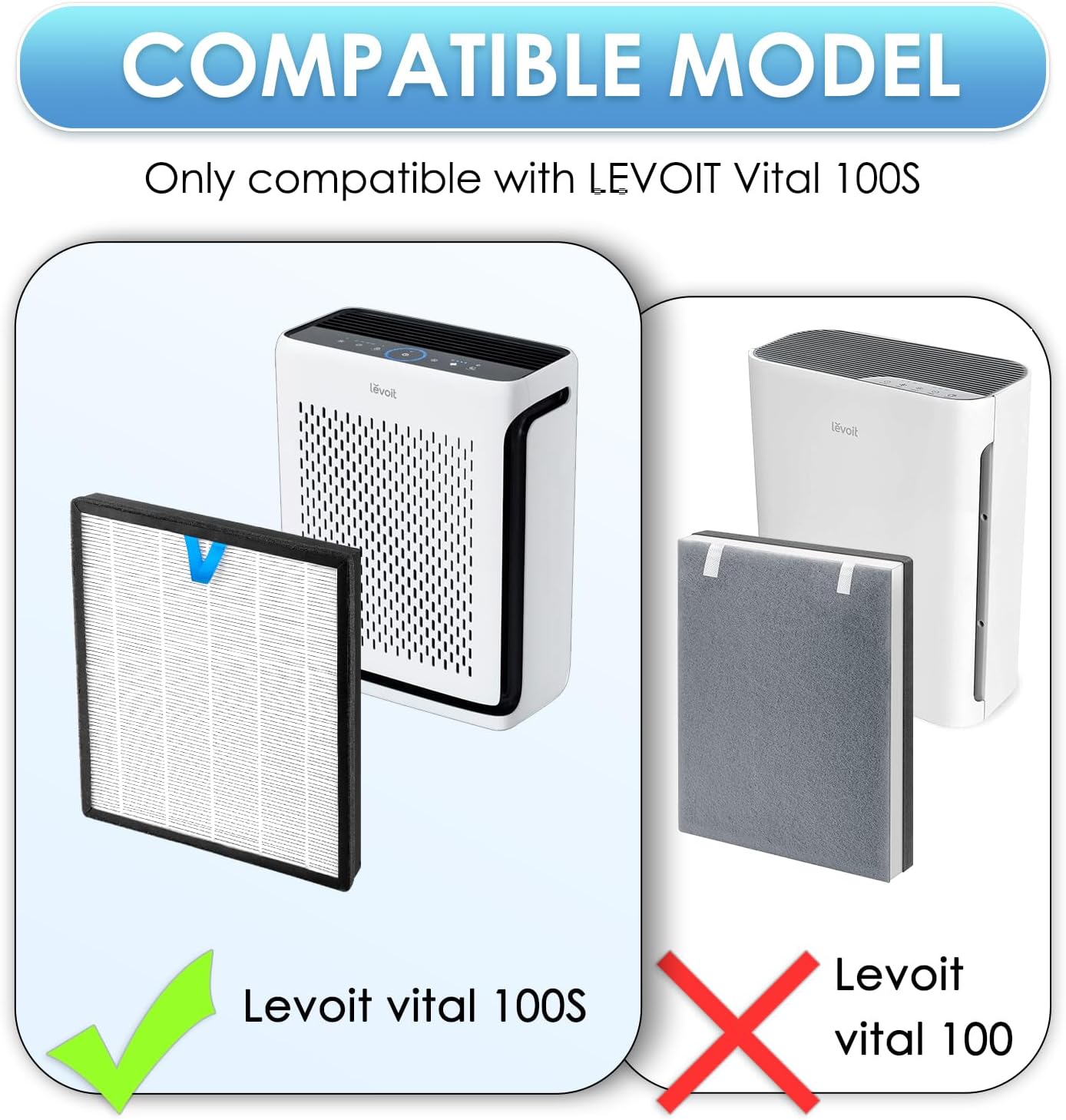 Image showing the BRUVISH Vital 100S replacement filter correctly fitting into a LEVOIT Vital 100S air purifier, with a red 'X' over a LEVOIT Vital 100 air purifier to indicate incompatibility.