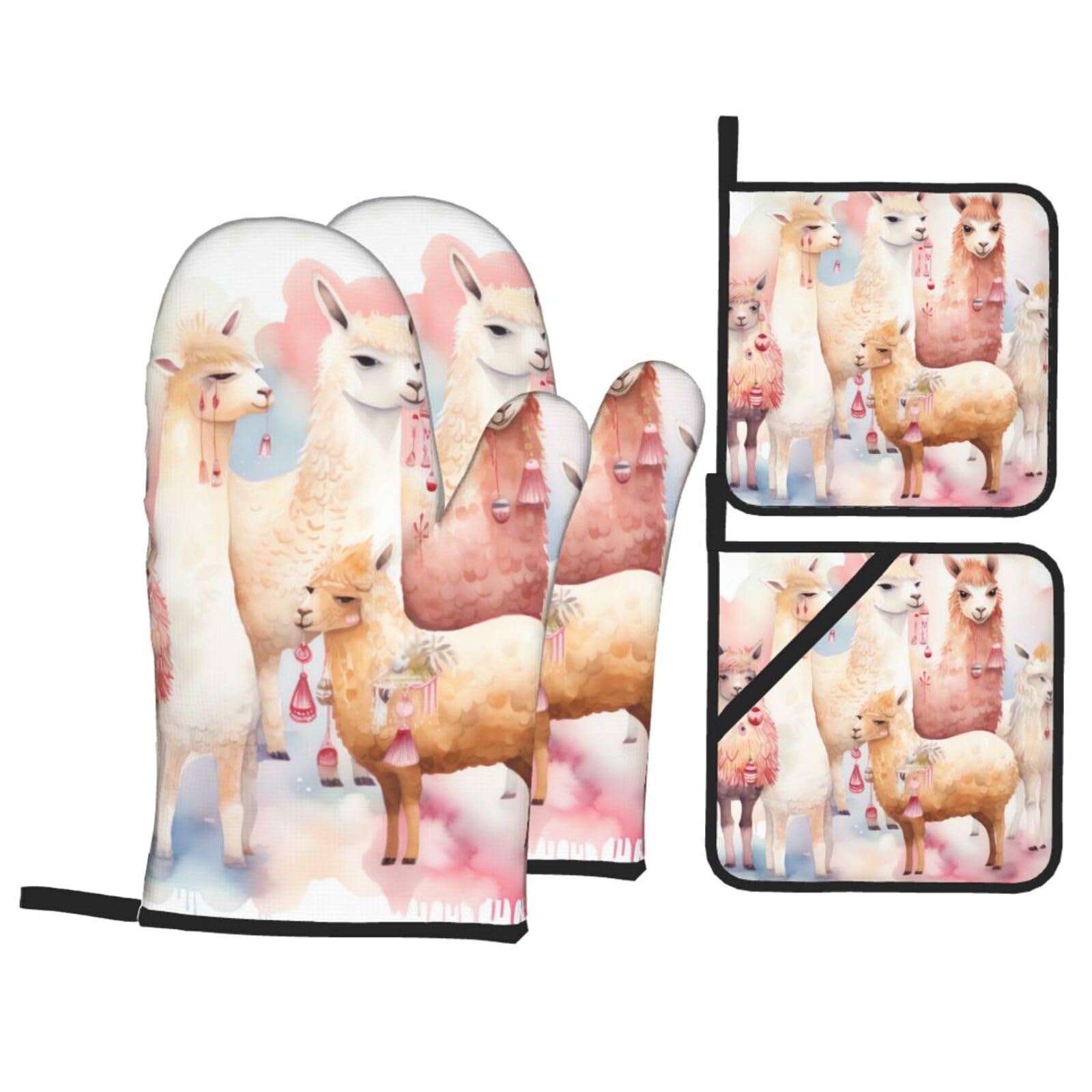 Gants de cuisine et maniques alpaga : lot de 4 accessoires anti-chaleur et extra longs