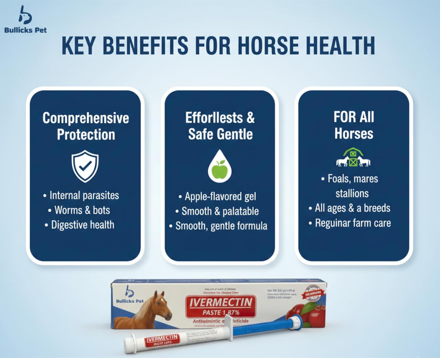 Ivermectin Horse Paste 1.87% Dewormer – Apple Flavored Anthelmintic, Broad-Spectrum Parasite Control for Horses Up to 1250 LB (3-Pack)
