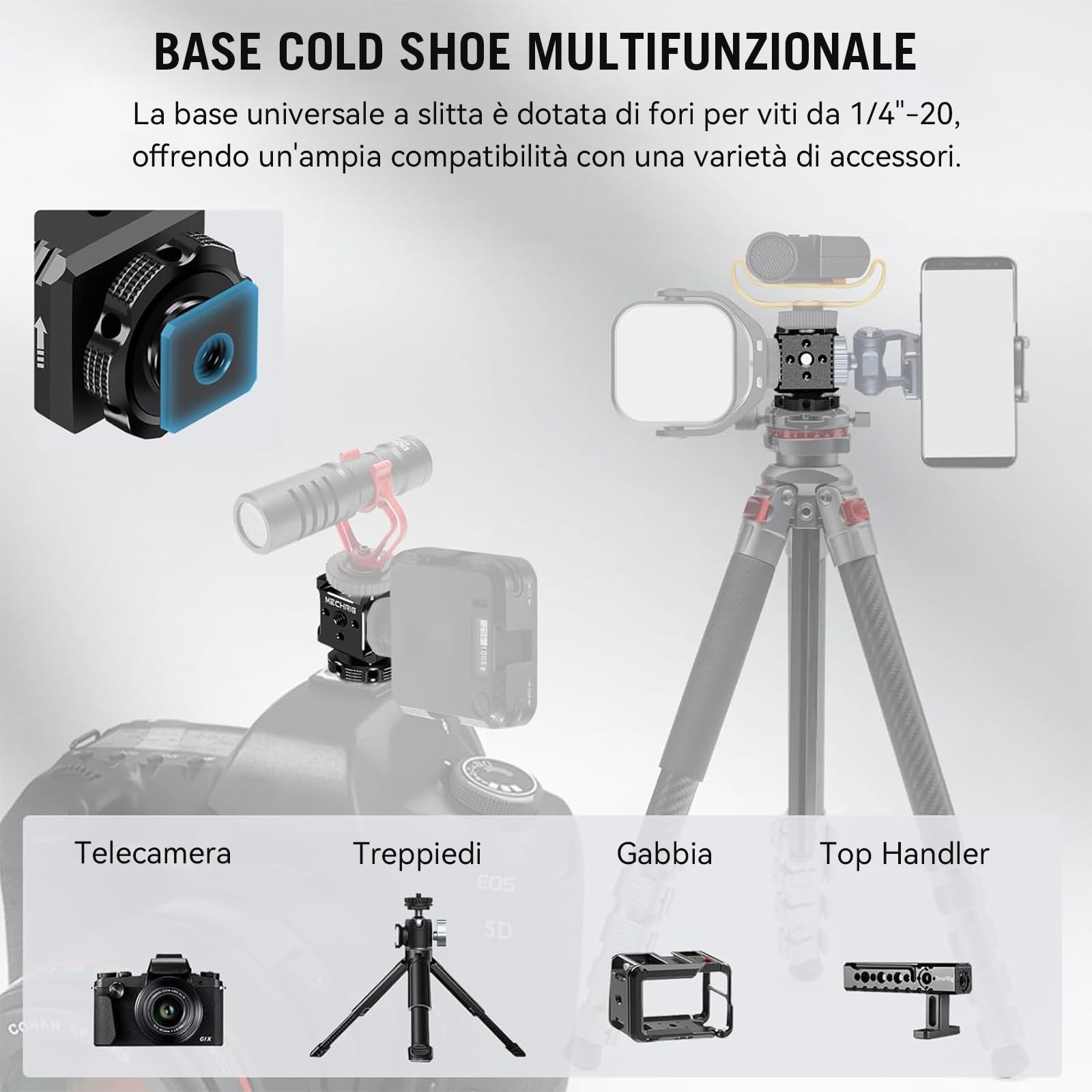 Supporto triplo per slitta fredda con filettatura da 1/4", staffa di estensione hot shoe in alluminio per fotocamera con 3 porte per slitta fredda per monitor con luce video a LED, microfono