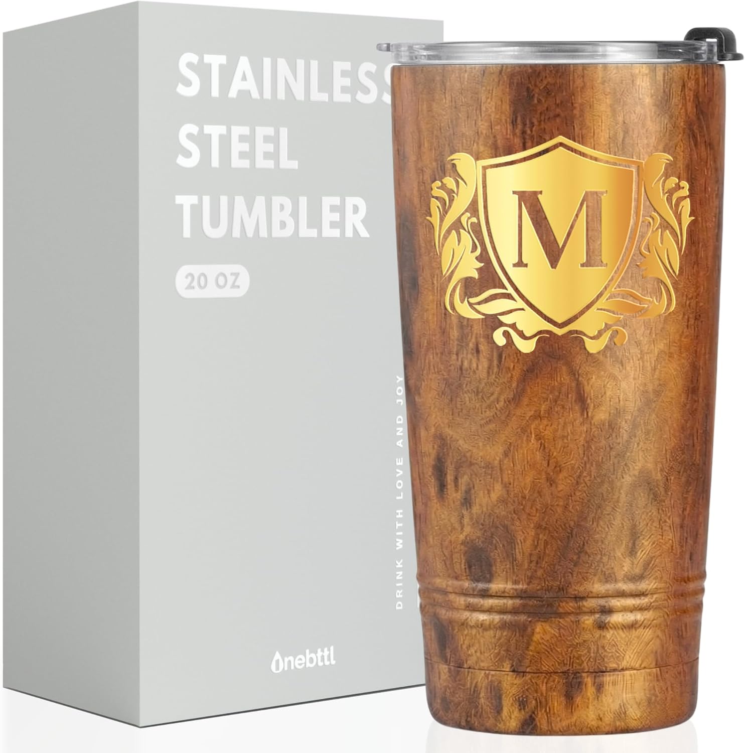 Onebttl Personalized Gifts for Men with Initials, Mens Gift Ideas, Unique Thoughtful Gifts on Birthday Christmas for Men, 20oz, Wooden, K
