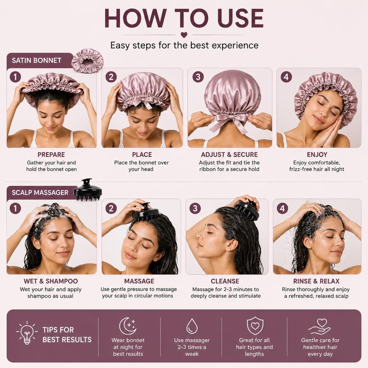 Attune® Silk Satin Reversible Hair Bonnet with Adjustable Tie Band Satin Wrap with Hair Scalp Massager Shampoo Brush and Scrunchies (Green) 2