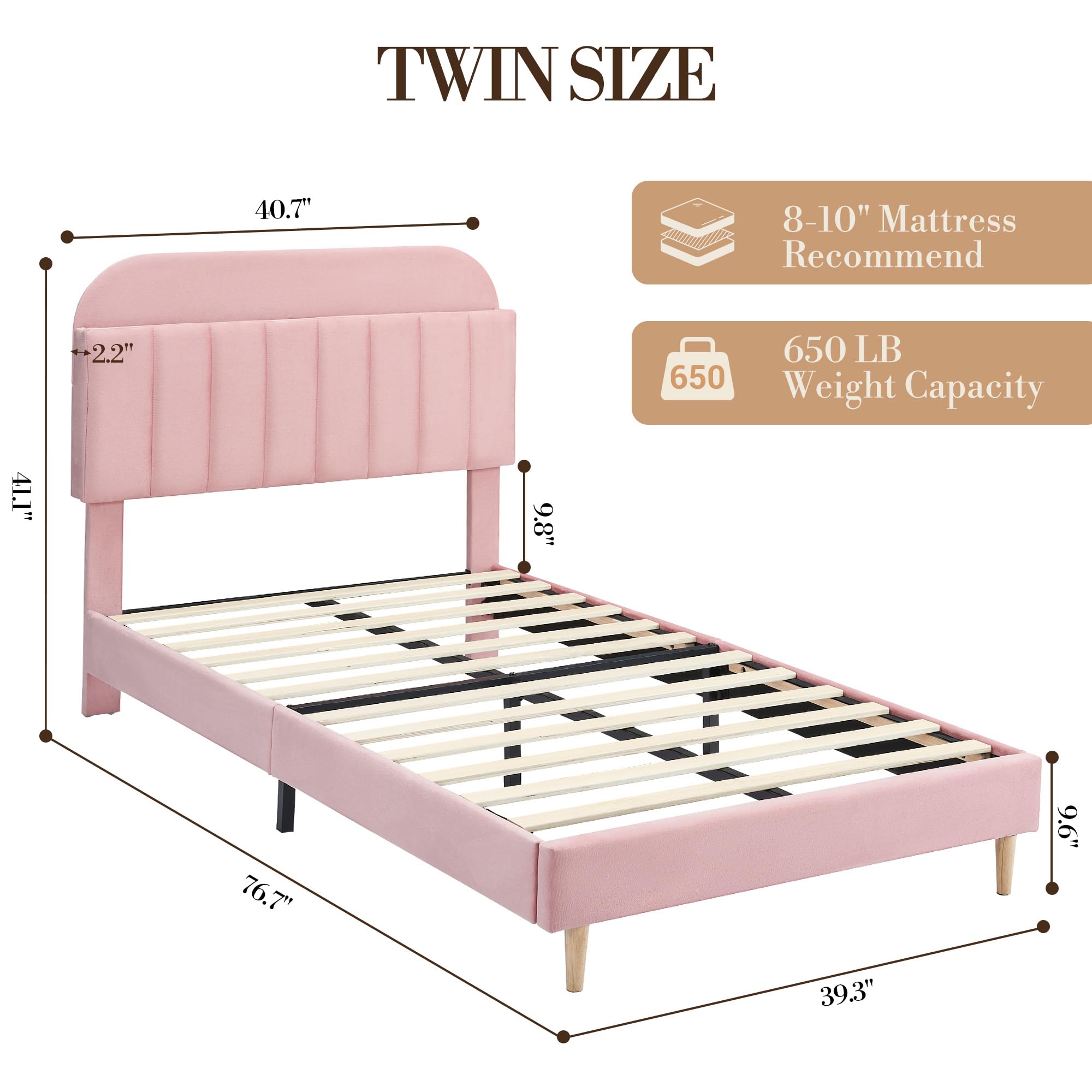 Cama Infantil de 90 x 190 cm, Somier de Madera con Almacenamiento, Cama de Suelo con Varias Patas, Cabecero Acolchado, Cama de Asiento Montessori para Habitación Infantil, Niño/Niña, Rosa
