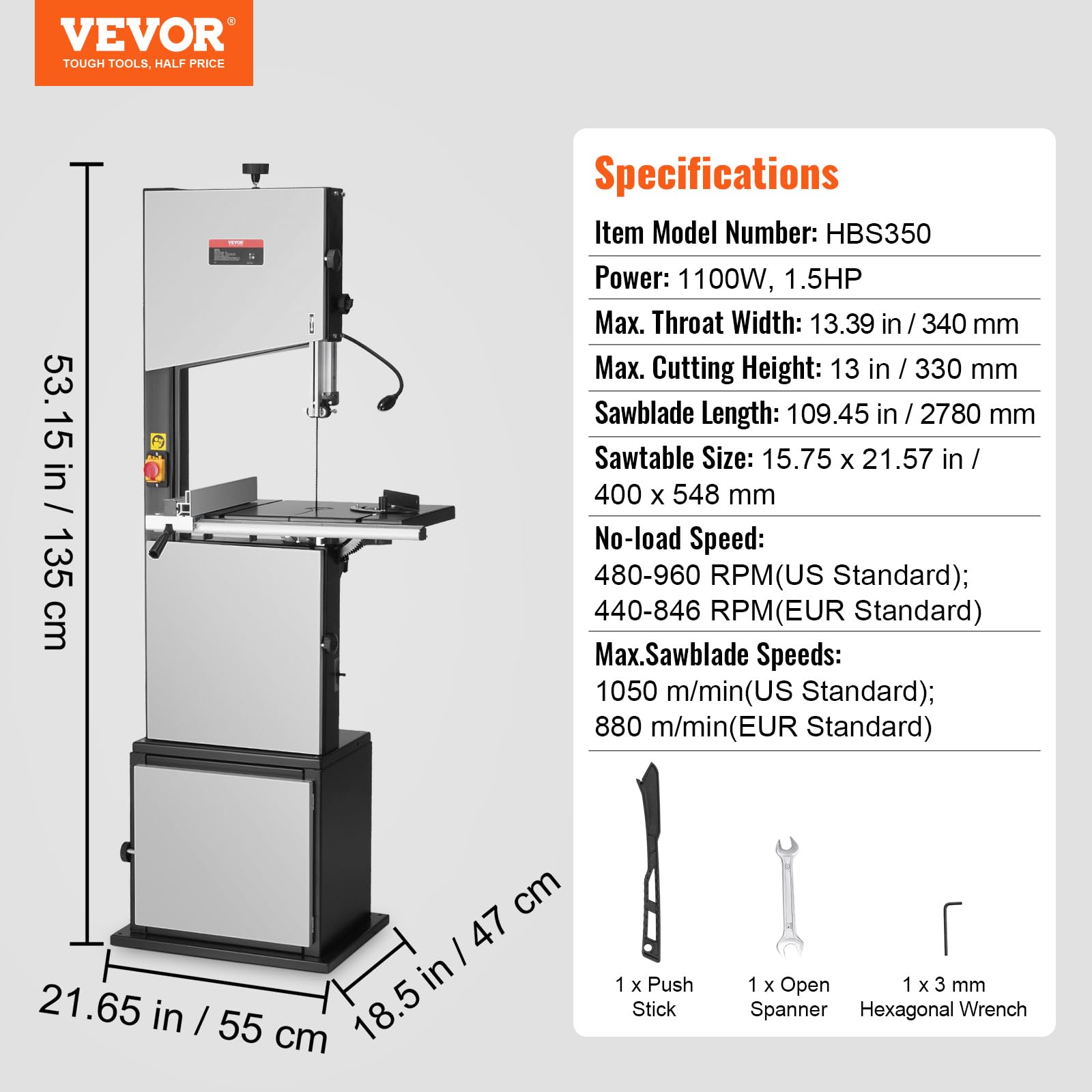 VEVOR 1100 W Sierra de Cinta con Soporte de Mesa de Funcionamiento Continuo de 440-846RPM con Guía y Calibre de Inglete Ancho de Garganta 340mm Altura de Corte de 330mm para Carpintería, Aluminio