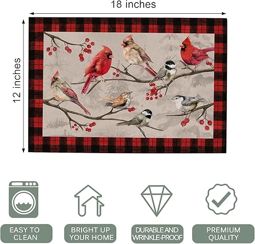 Miniatura 2 de Seliem Winter Birds - Juego de 4 manteles individuales de PVC, diseño vintage de cardenal con ramas de bayas rojas, manteles individuales de vinilo
