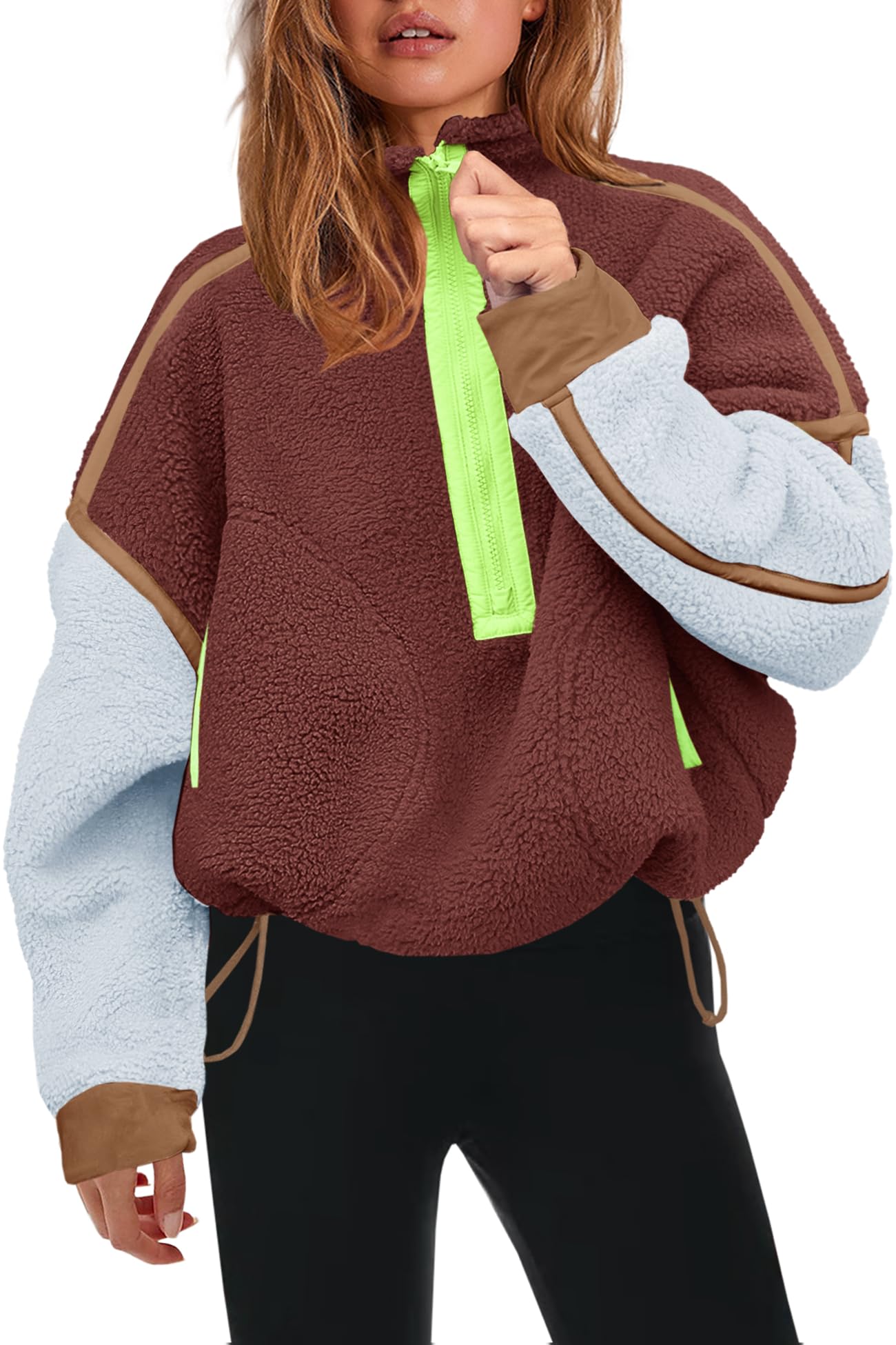 Panadila Womens Half Zip Sherpa Fleece Pullover Soft Oversized Sweatshirt with Pockets Warm Fuzzy Sweater, Cocoa Brown Combo, XS