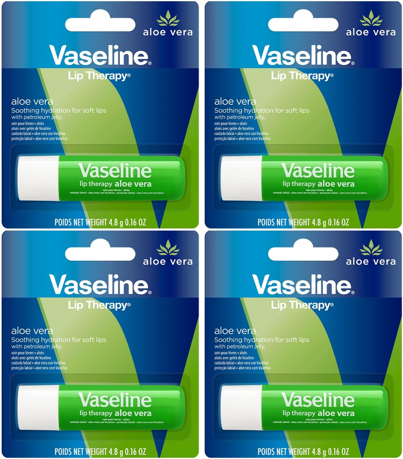 Vaseline Lip Therapy Care Aloe Fresh, Fast-Acting Nourishment, Ideal for Chapped, Dry, Cracked, or Damaged Lips, Lip Balm, 4-Pack, 0.16 Oz Each