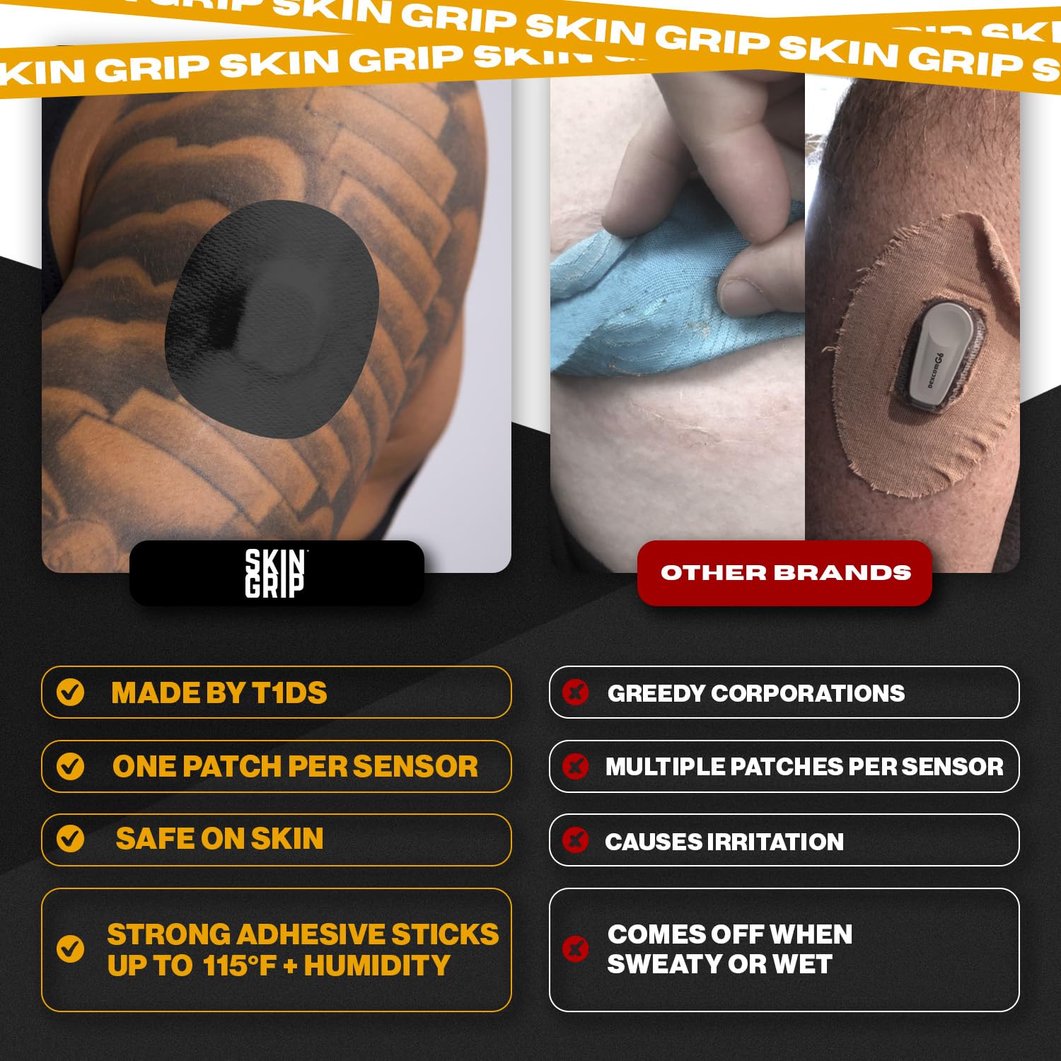 Skin Grip MAX Freestyle Libre 2 Sensor Covers Waterproof, Non-Fraying, Extreme CGM Tape, Continuous Glucose Monitor Patch, Libre Sensors Protection Covers, 10-Pack, Black