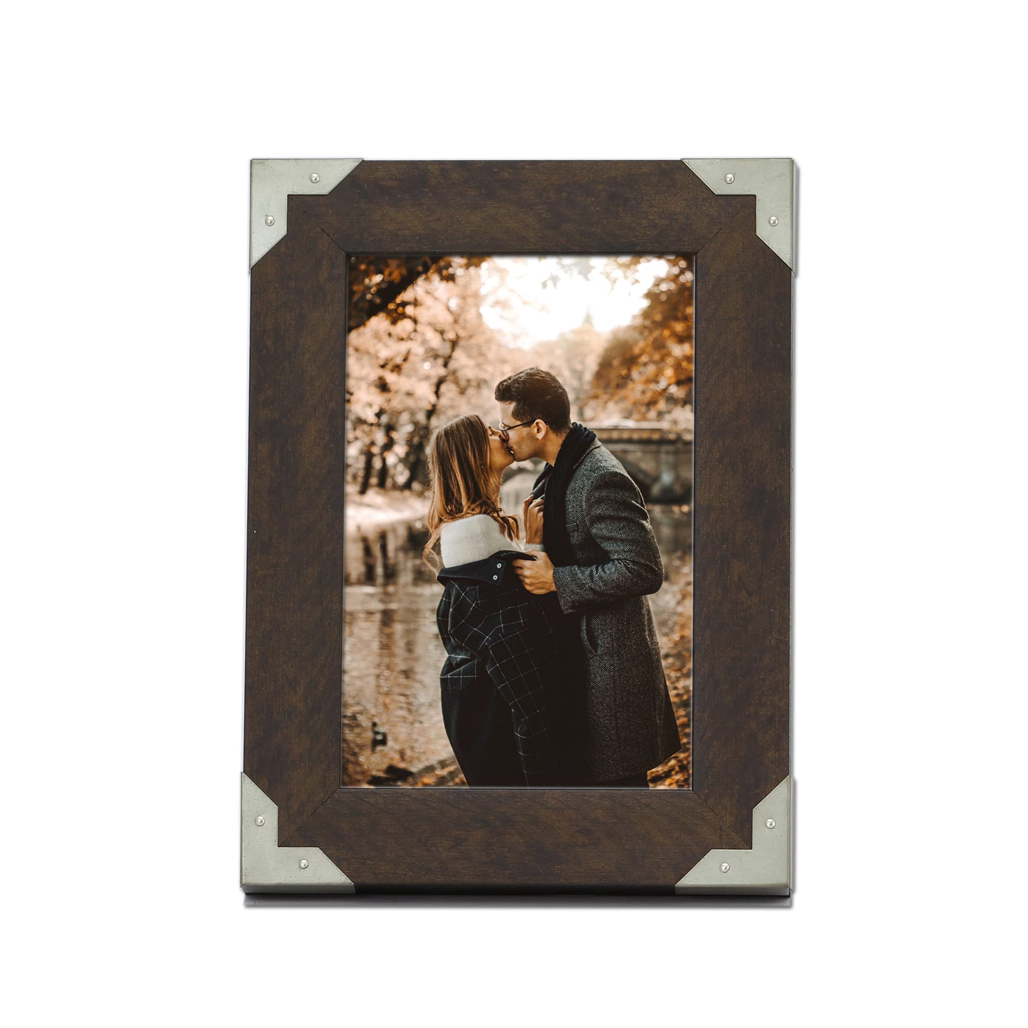 MIMOSA MOMENTS Rustic Dark Picture Frame with Decorative Metal Corners, Vintage Farmhouse Style, Desktop and Wall (Rustic 4x6) (4x6" Photo)