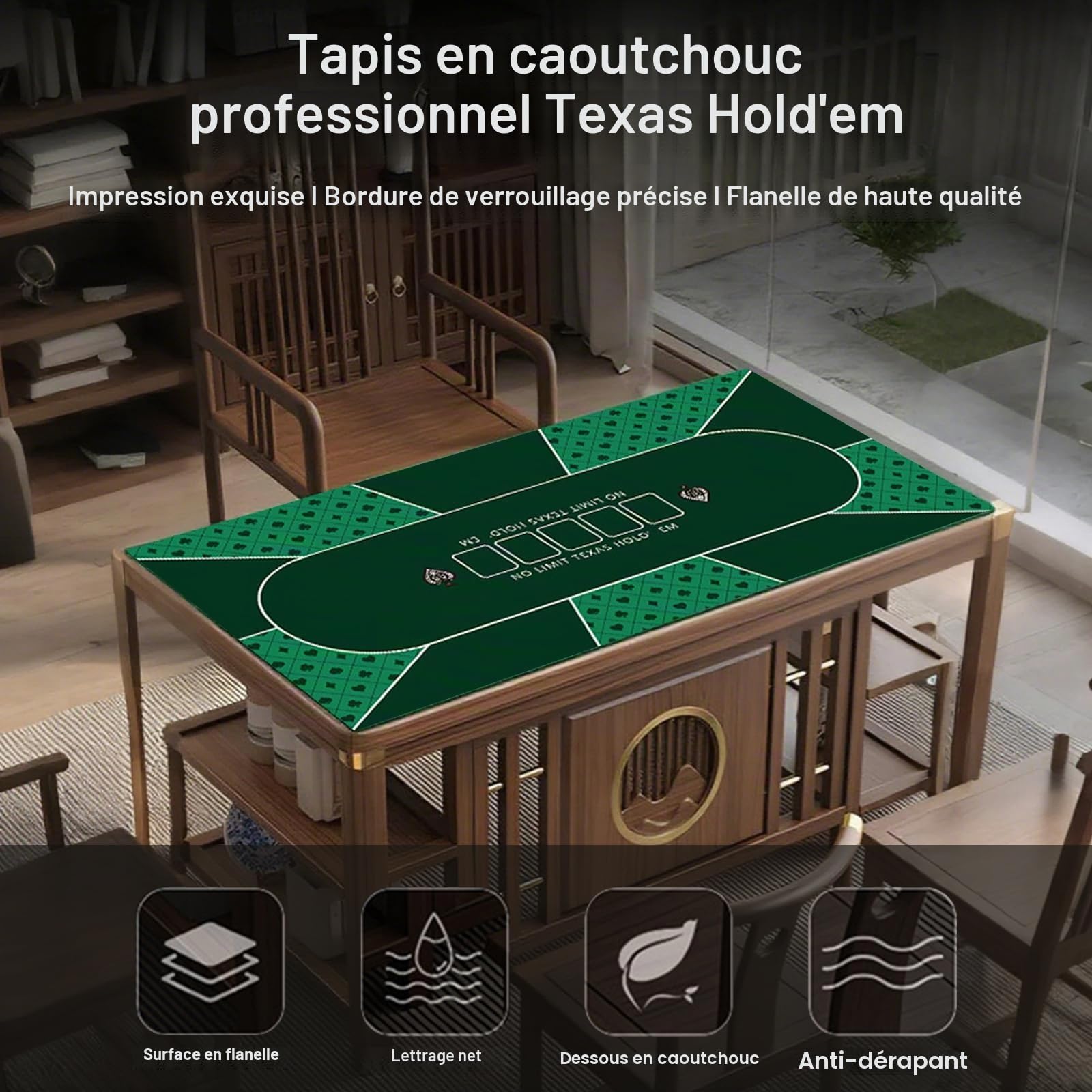 Tapis de poker pour 10 joueurs, 180 x 90 cm, tapis de jeu en caoutchouc pour tables, table de poker pliable et portable avec sac de transport