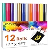 CAREGY HTV Heat Transfer Vinyl Bundle -12 Pack 12'' x 5FT Heat Transfer Vinyl Rolls, Easy Cutting Iron on Vinyl for Cricut, Easy to Weed Heat Transfer Vinyl