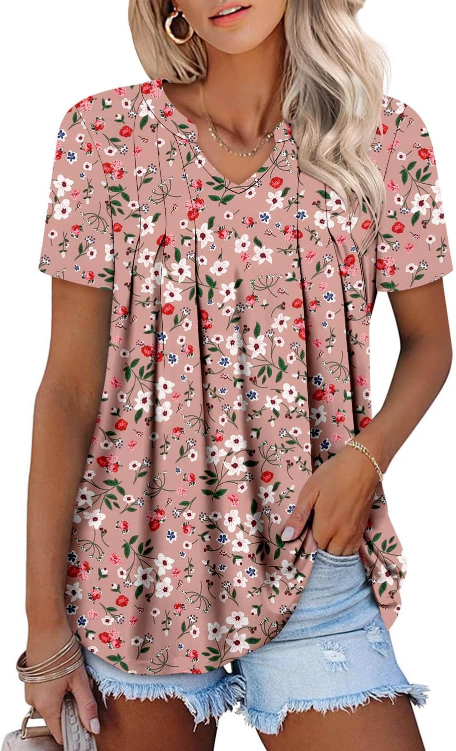 ONLYSHE Womens Short Sleeve Shirts Summer Floral Tunic Tops V Neck Blouse Loose Fit Shirts for Leggings