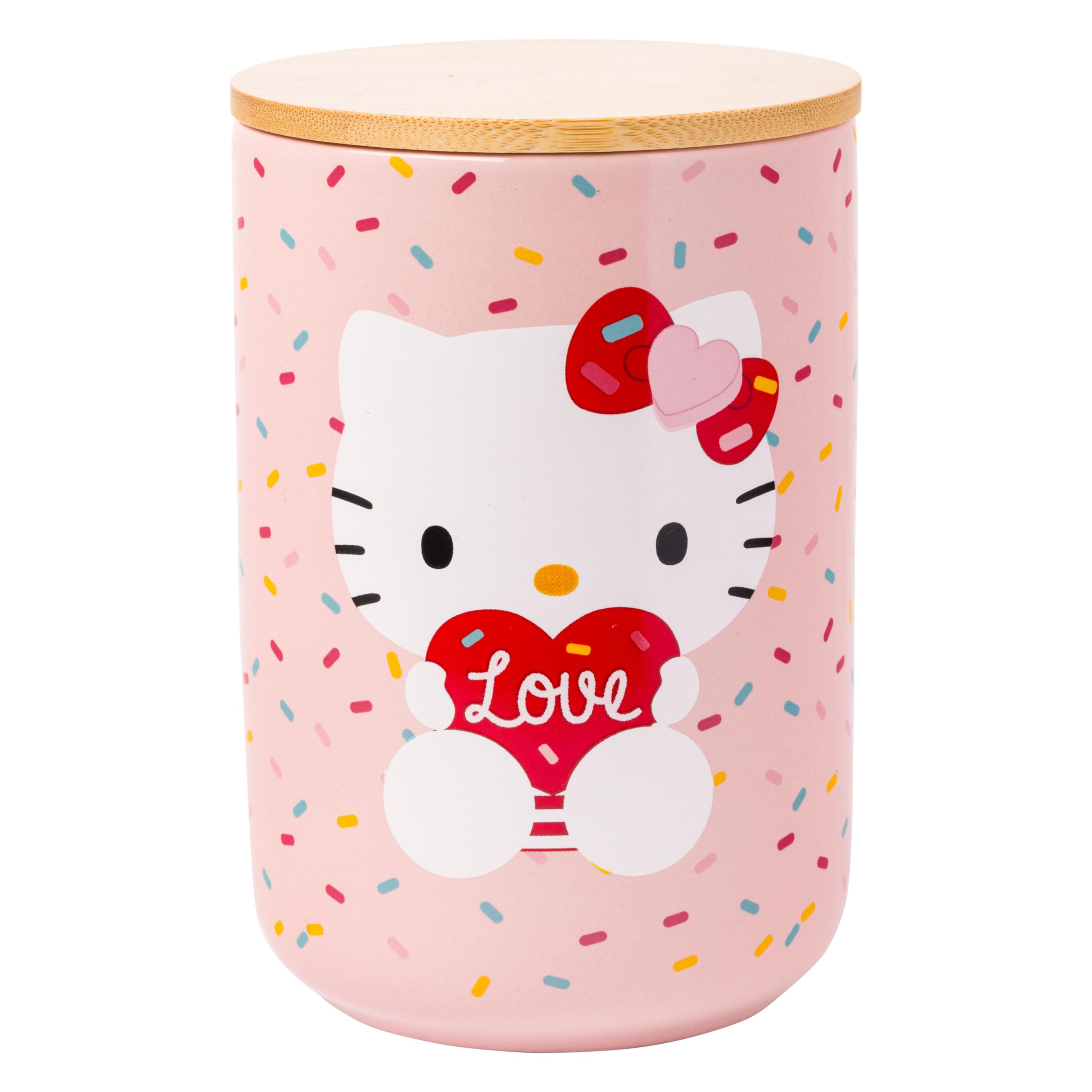 Silver Buffalo Sanrio Hello Kitty Holding Love Heart Ceramic Cookie Snack Candy Jar with Airtight Bamboo Lid (Small)