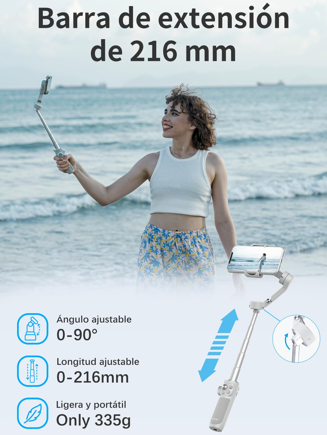 FeiyuTech VB4 Estabilizador de Móvil con Seguimiento IA, Barra Extensible de 216 mm y Luz Integrada, Gimbal 3 Ejes para Smartphone, Compatible con iPhone 17/16 y Samsung S25, Ideal para Vlog y Vídeo