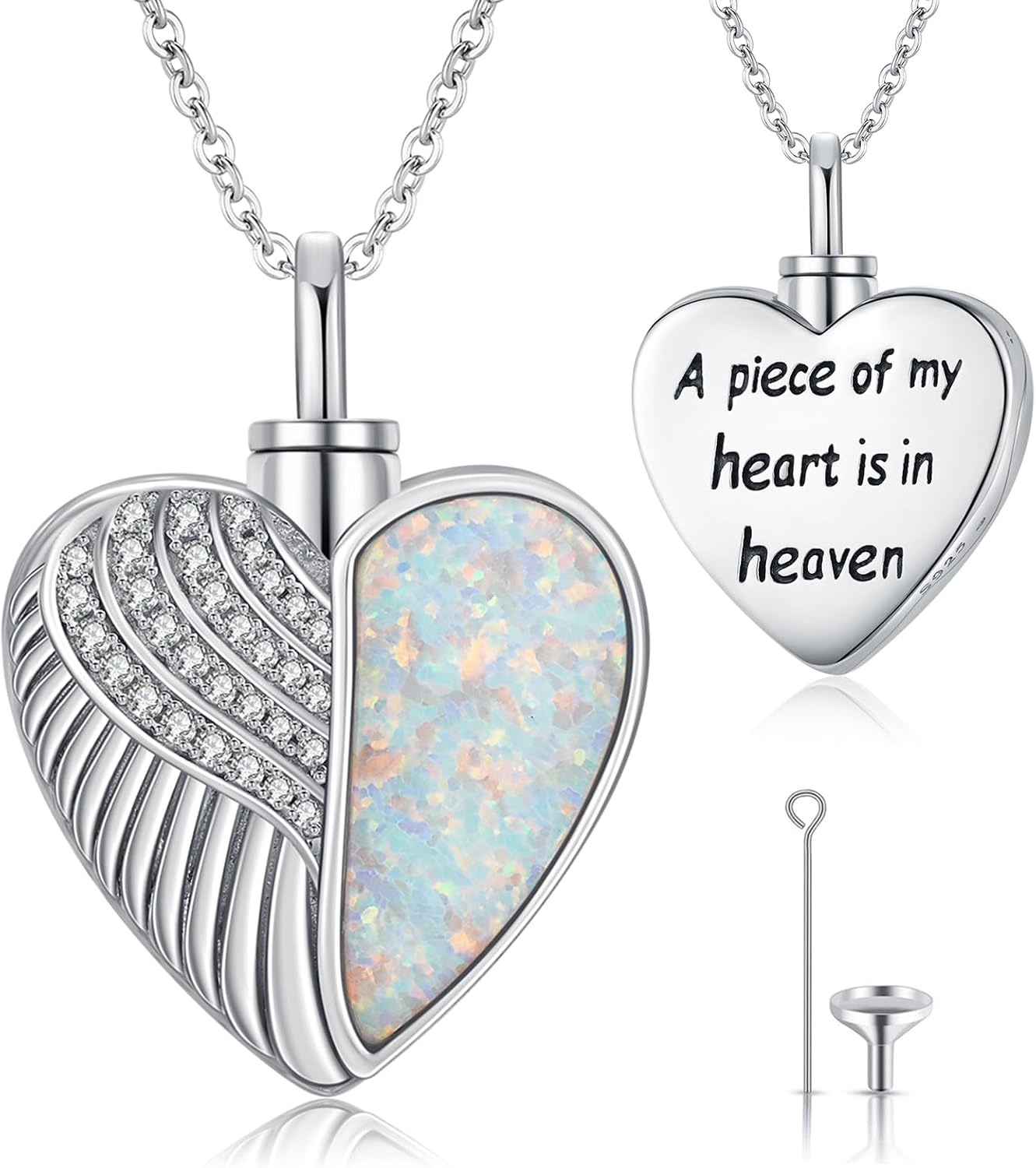 CHENGHONG Angel Wings Urn Necklace for Women Men 925 Sterling Silver Opal Angels Wing Heart Urn Pendant Necklace for Ashes Jewelry
