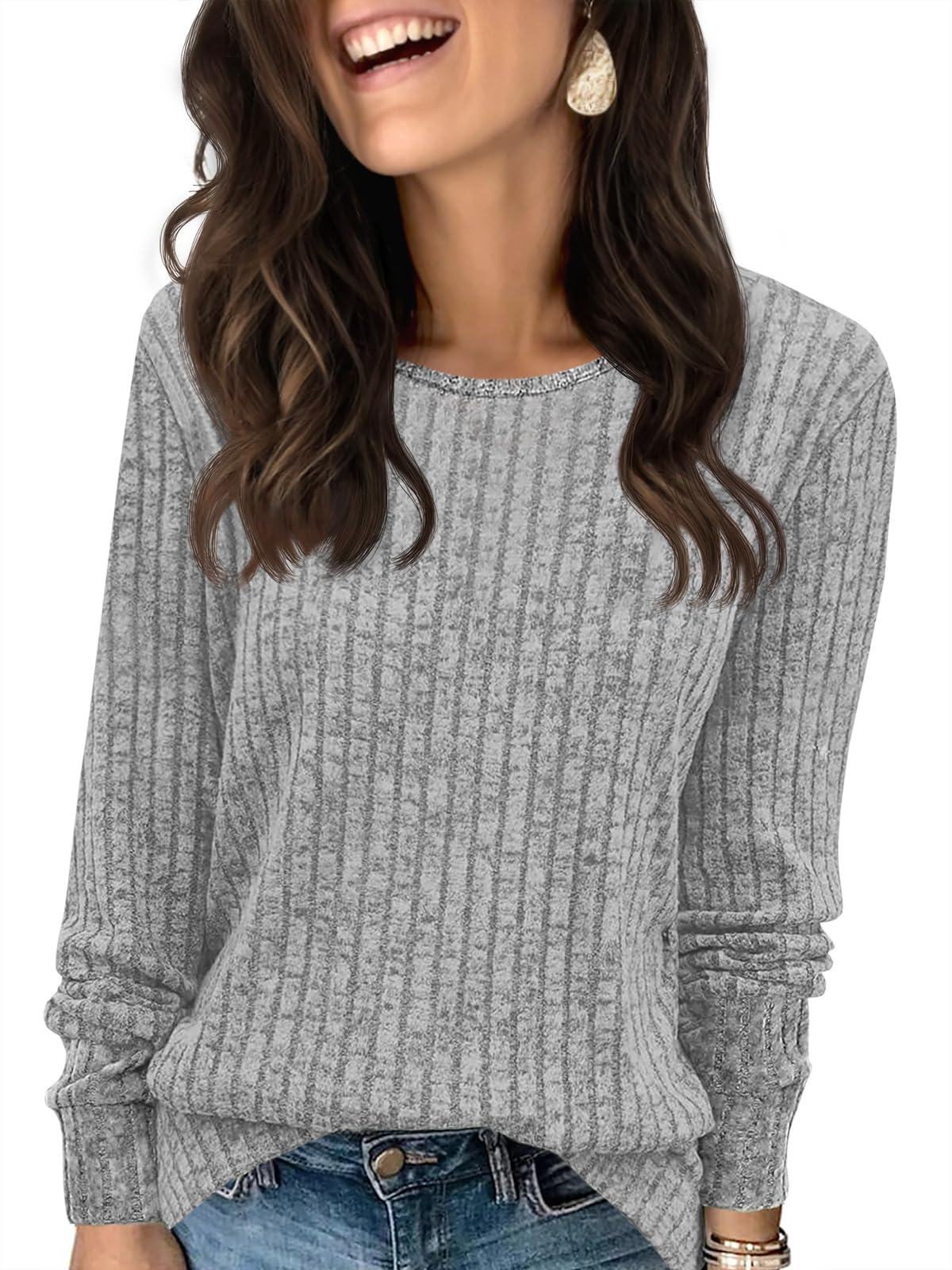 Fisoew Maglione da Donna, a Maniche Lunghe, Leggero, Girocollo, Casual, a Maglia