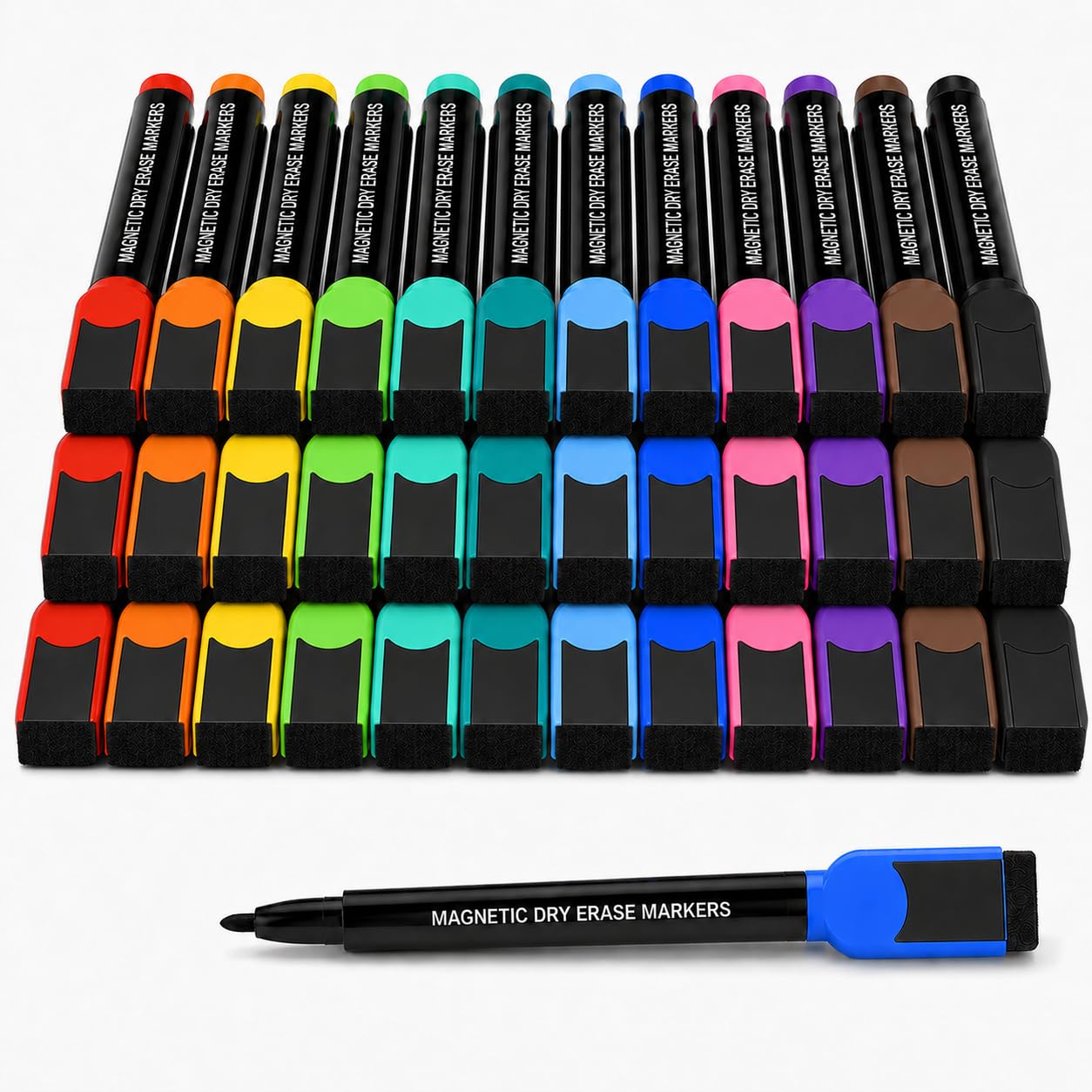 SUQJOY 36 Fine Tip Magnetic Whiteboard Pens with Textured Eraser Caps, Low-Odour Quick-Dry Ink, 12 Assorted Colours for Shared Boards, Office and Home