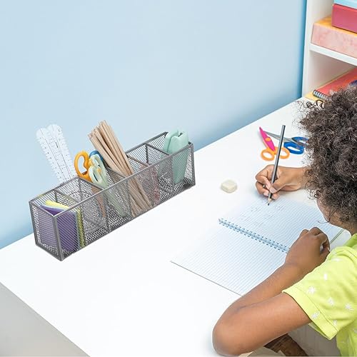 Miniatura 5 de Teling Organizador de escritorio de malla, soporte de malla metálica para bolígrafos, 6 compartimentos, papelería de escritorio, organizador de