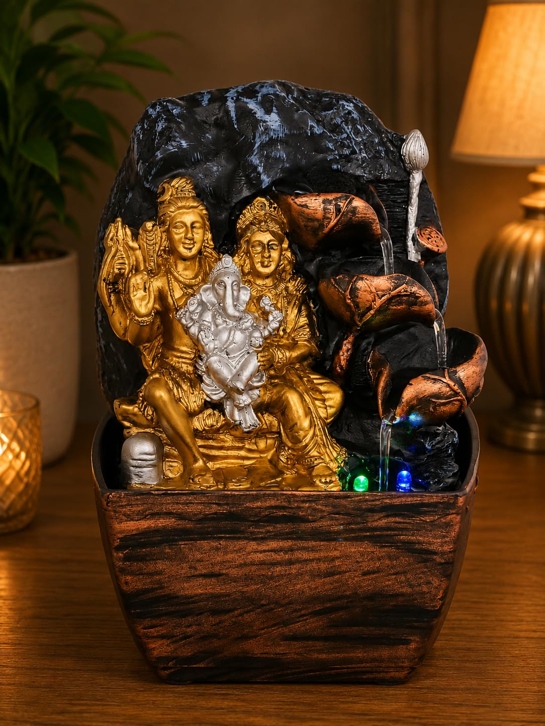 CHRONIKLE Grey Polyresin Tabletop Lord Shankar with Parvati 3 Step Indoor Water Fountain for Home Decor with LED, Speed Control Pump (Size: 12.5 x 13 x 19 CM | Weight: 490 Gram)-image-39