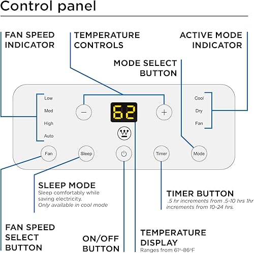 Miniatura 2 de Westinghouse Aire acondicionado portátil de 10,000 BTU para habitaciones de hasta 300 pies cuadrados, aire acondicionado portátil con
