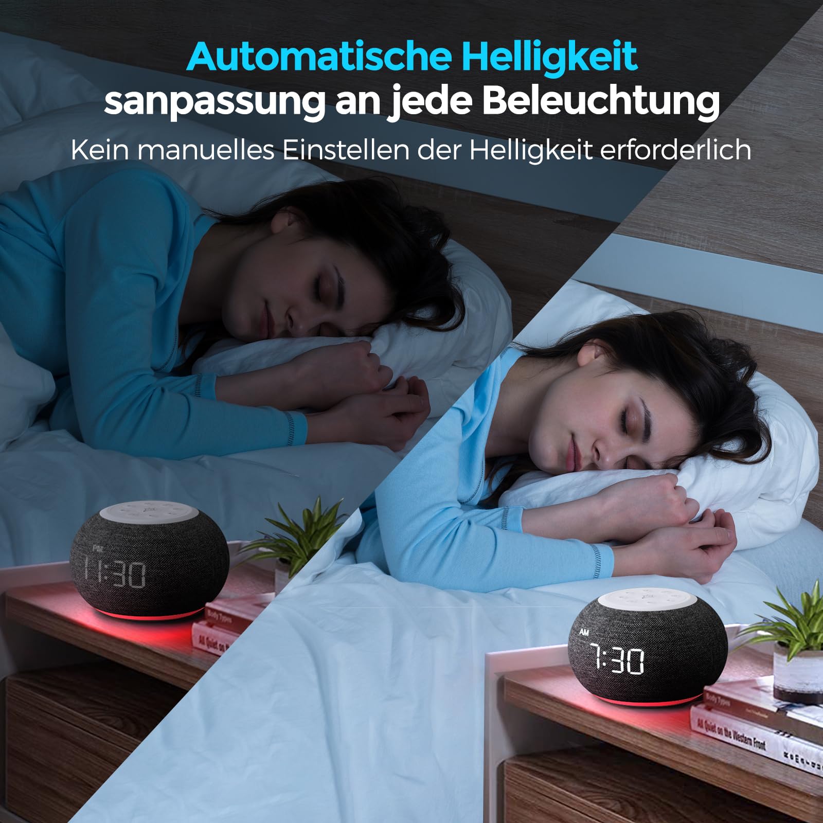 Reacher Réveil Radio à Gradation Automatique pour la Chambre - Veilleuse 9 Couleurs, gradateur 0-100%, 7 sonneries d'alarme, Radio FM, minuterie d'arrêt Automatique