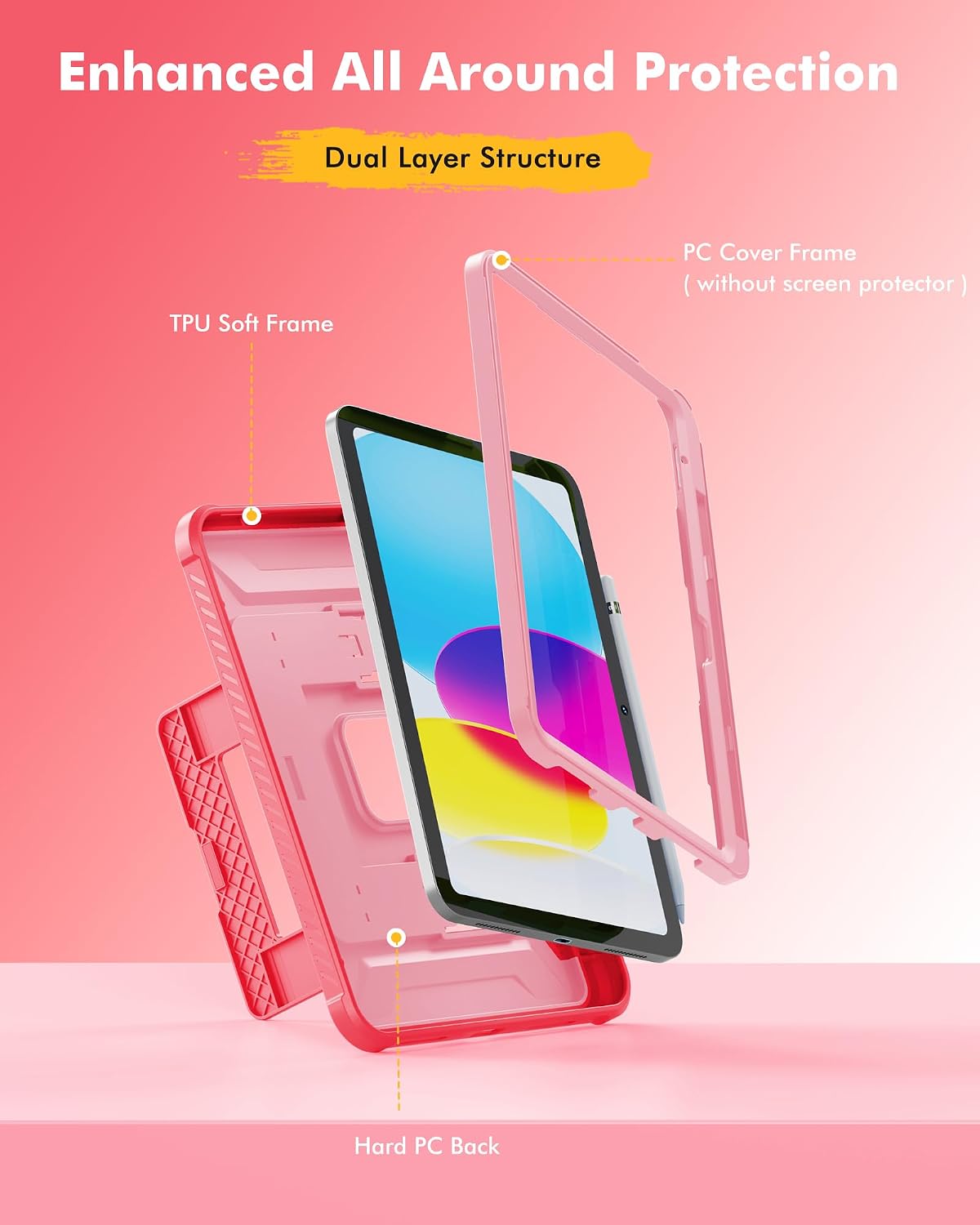 INFILAND Kids Case for iPad A16 11th Generation 11 Inch (2025), iPad 10th Generation 10.9 Inch (2022), Heavy Duty Rugged Shockproof Protective Cover with Kickstand (Rose Pink) image 3