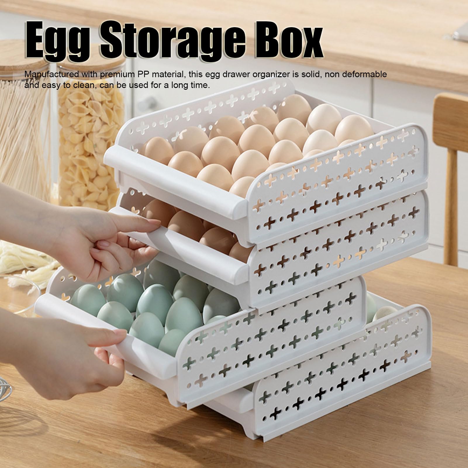 Conteneur à œufs Au Réfrigérateur, 4 Pièces, 80 Grilles, Tiroir De Stockage D'œufs Empilable, 4 Couches Pour la Maison, Pique-nique, Restaurant(beige)