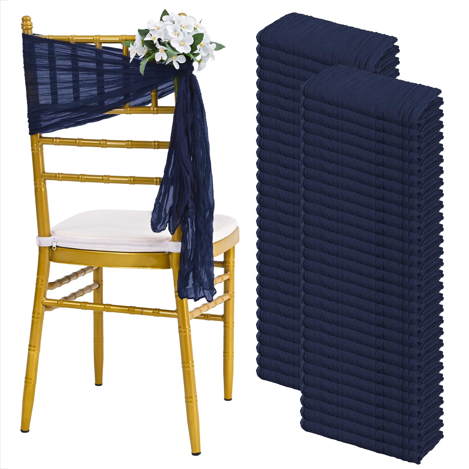 60 PCS Navy Blue Cheesecloth Chair Sashes, 16 x 70 inch Cheesecloth Chair Sashes RusticChair Decorative Bows Designed for Wedding Banquet Party Aisle