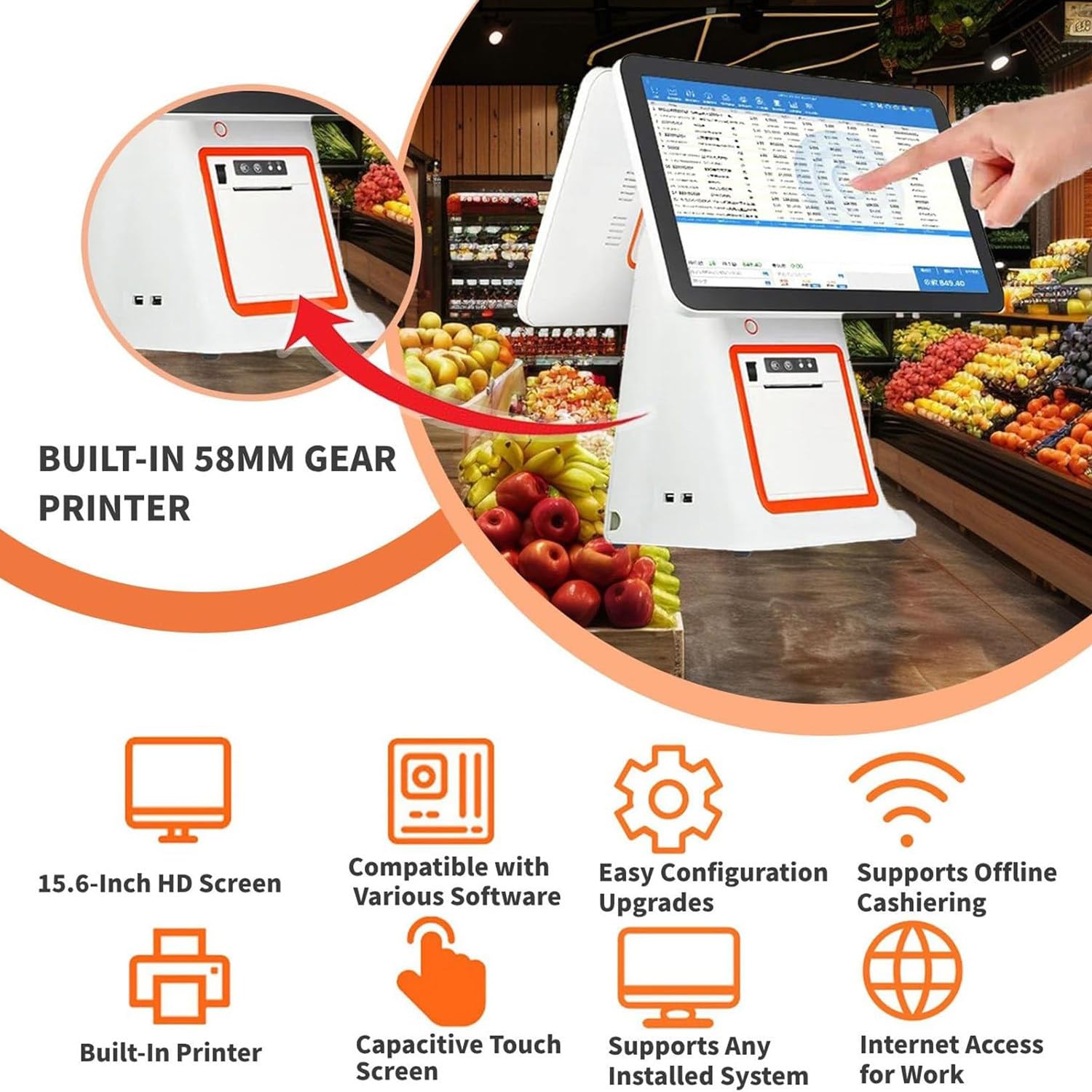 Registratore di cassa con stampante termica integrata con cassetto contanti,scanner di codici a barre,registratore di cassa touch screen per piccole imprese Registratore di cassa tutto in uno Black-A
