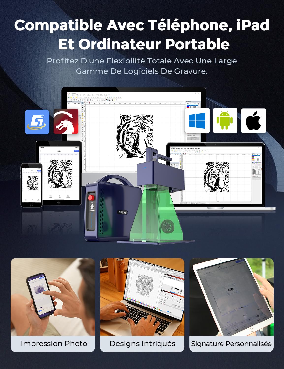 GWEIKE G2 Pro Graveur Laser à Fibre 30W avec Gravure 3D & en Profondeur, Machine de Gravure Laser Rapide 15000 mm/s, Surface de Travail 150×150 mm, Graveur Portable pour Bijoux, Métal, Cuir