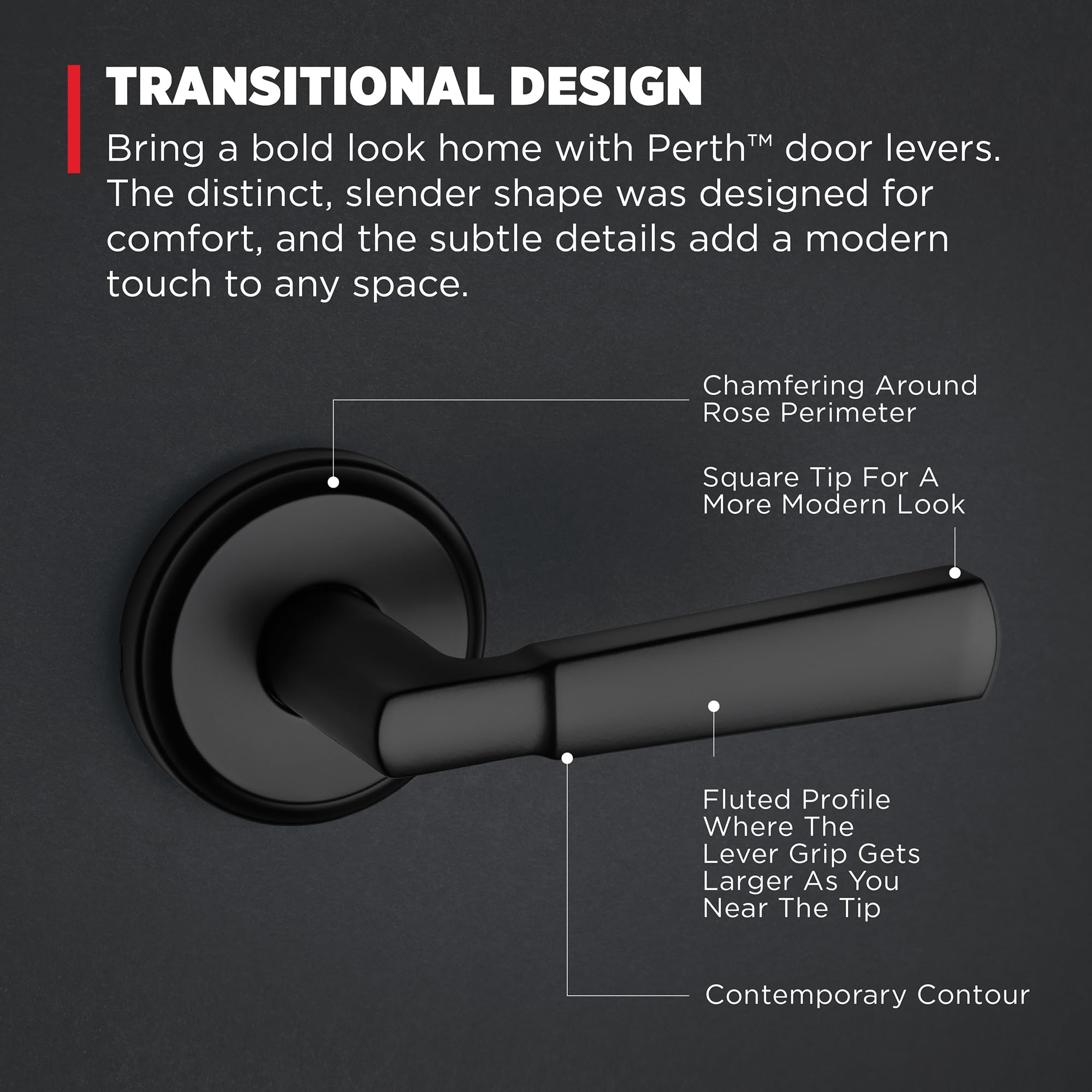 Kwikset Perth - Manija de puerta de paso interior, palanca para puertas de armario y pasillo, manija reversible sin bloqueo, negro mate, con protección Microban