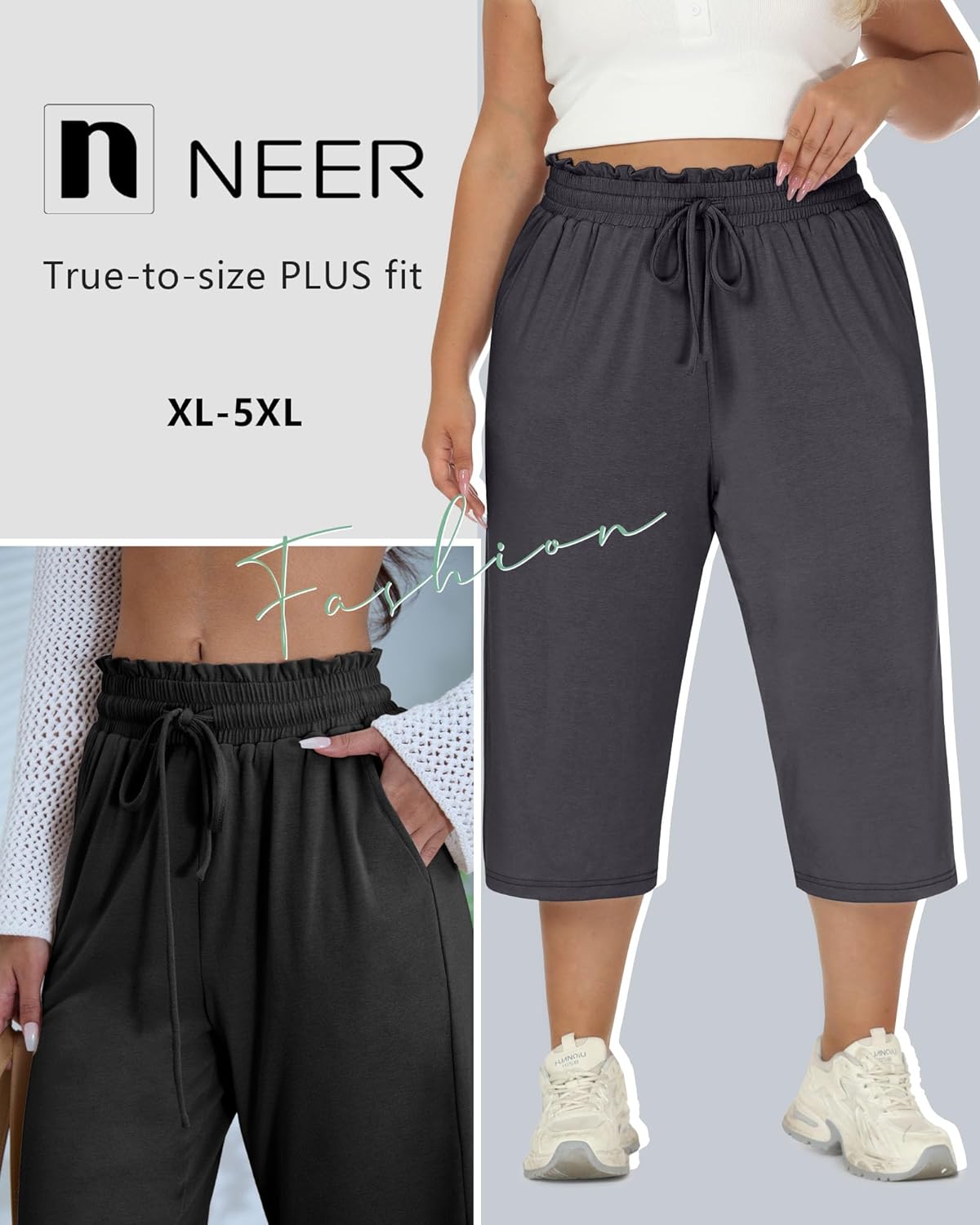 Neer 3 Pack Women's Plus Size Capris High Waisted Drawstring Wide Leg Cropped Sweatpants Lounge Yoga Pants with Pockets