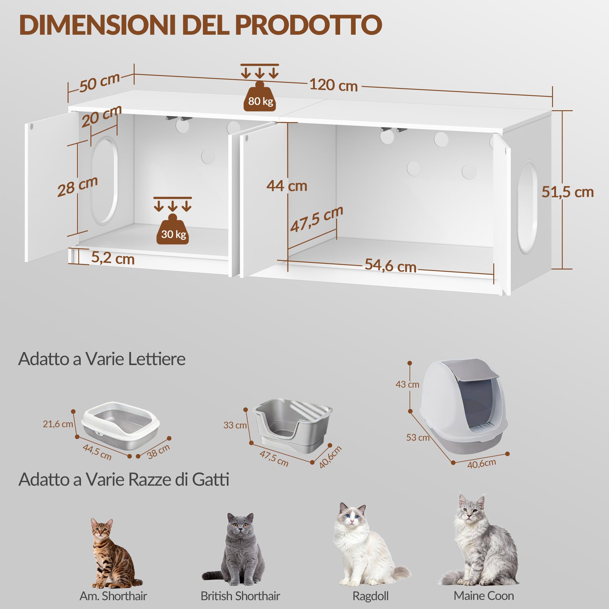 Mobile Lettiera per 2 Gatti, 120 x 50 x 51,5 cm, Bianco