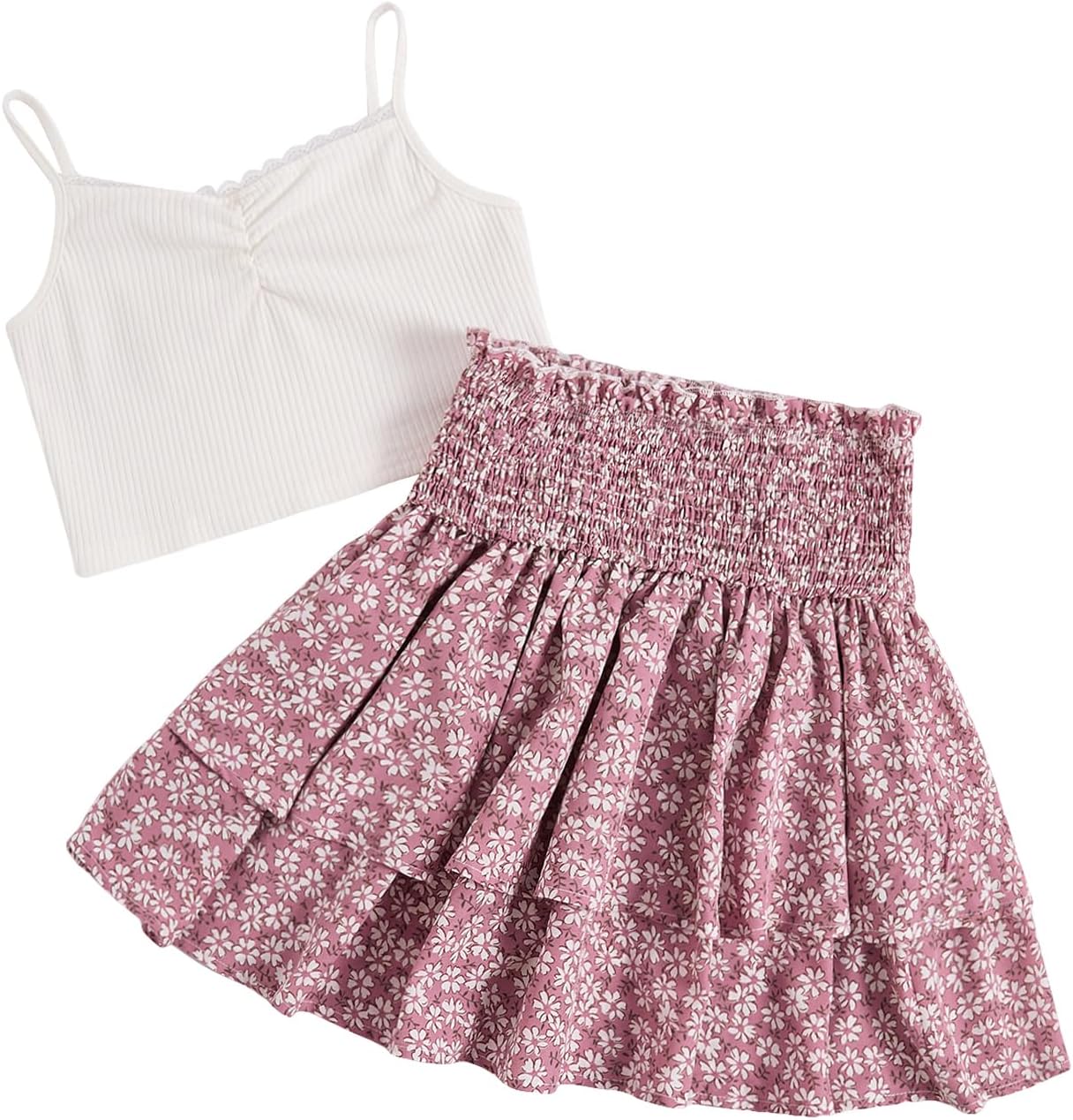 RoseSeek Girl's 2 Piece Outfits Lace Ruched Camisole Tops and Shirred High Waisted Layered Floral Skirts Set