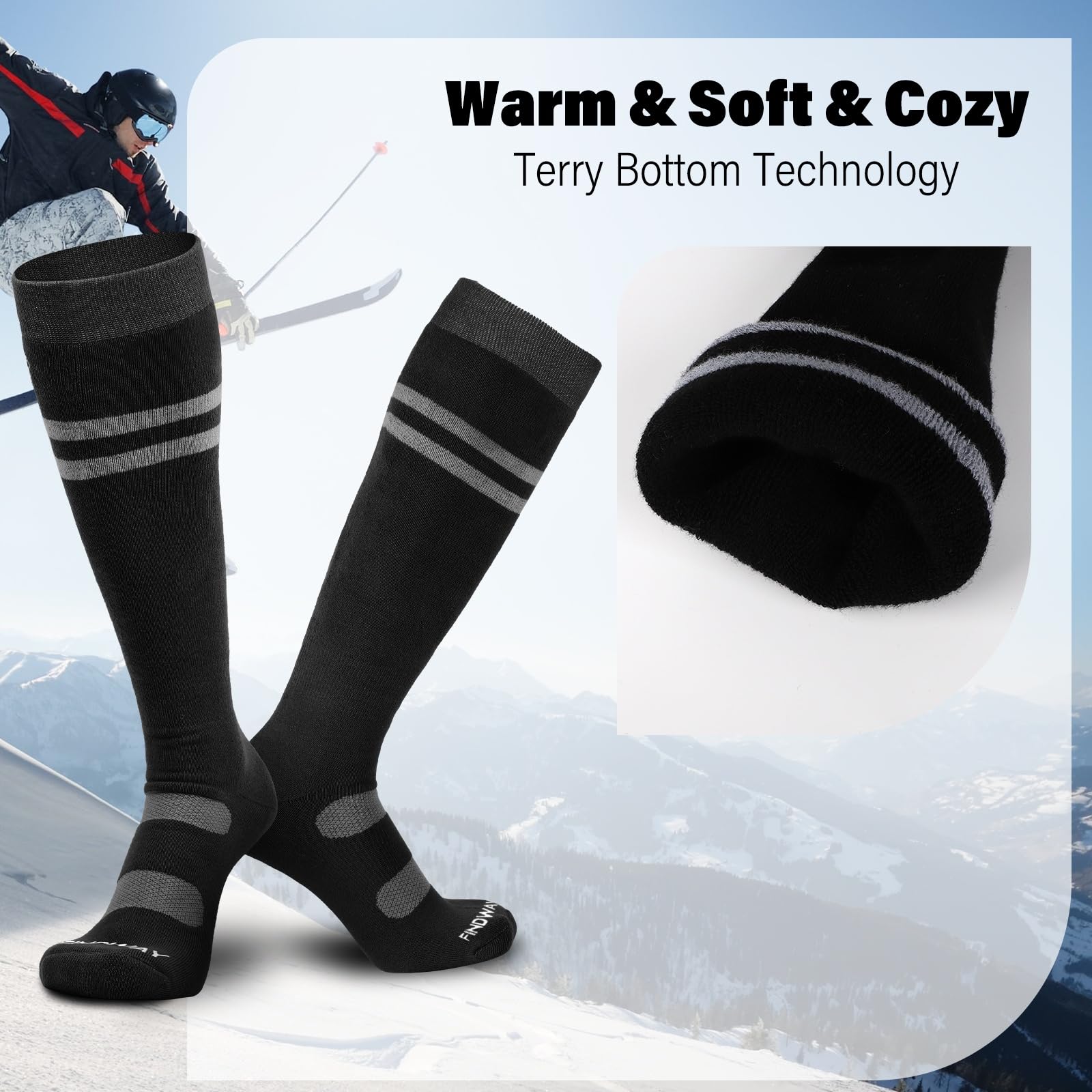 Findway Calcetines Termicos de Esquí, Paquete de 2 Pares, Calcetines de Invierno, Snowboard, Senderismo y Ciclismo, de Alto Rendimiento y Suaves y Cálidos, Calcetines Nieve para Hombres y Mujeres
