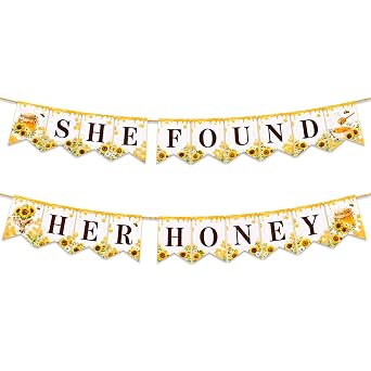 She Found Her Honeyブライダルシャワーデコレーション、2ピースヒマワリ蜂バナーセット、婚約パーティー、ウェディングシャワー、花嫁になる写真背景に素朴なハニカムバンティング、15cmのカードストックフラッグ