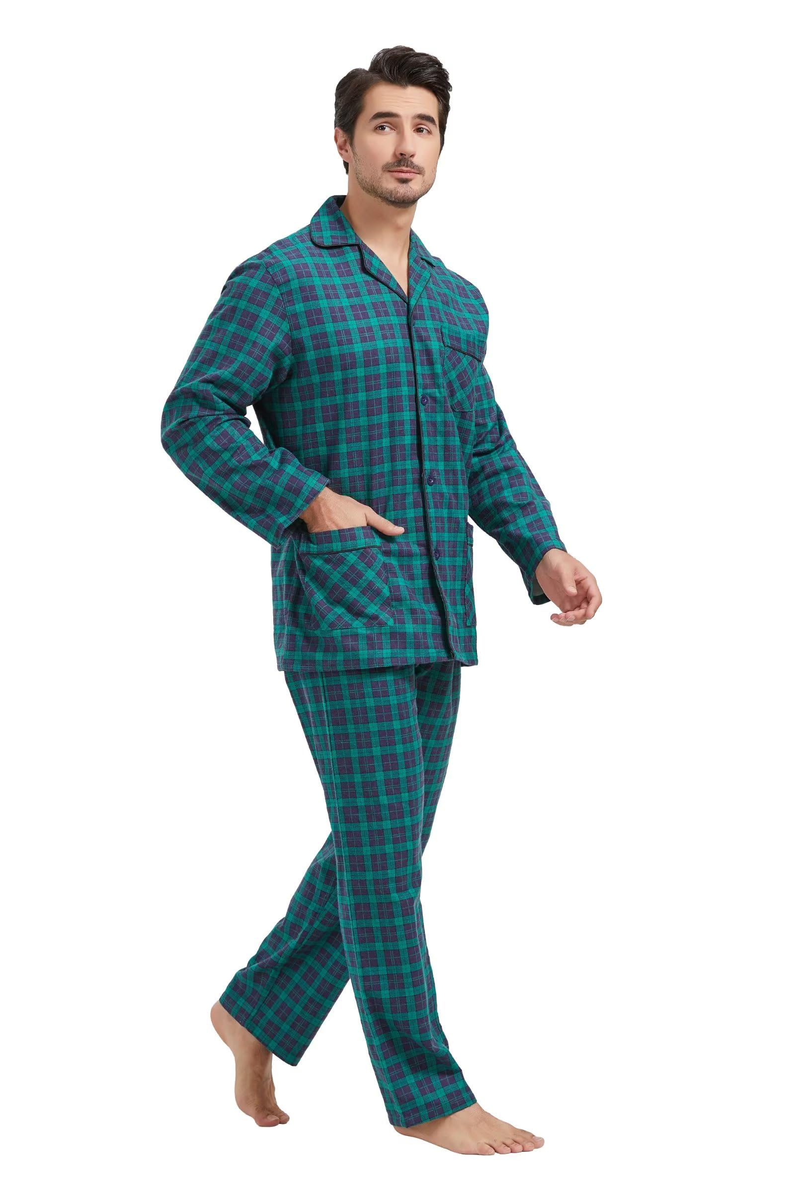 Amaxer Pigiama Cotone Uomo Lungo 100% Flanella Invernale Indumenti da Notte Top a Manica Lunga con Tasche Pantaloni con Coulisse